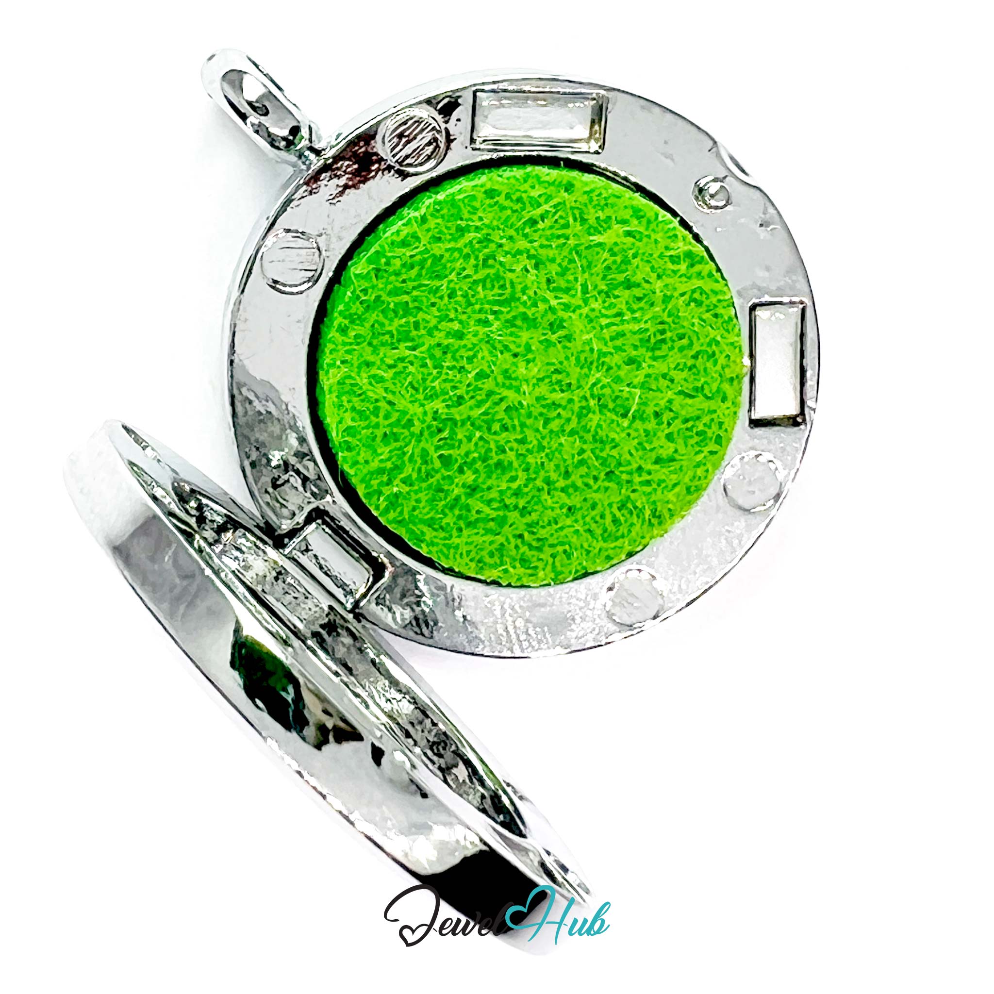 Green pendant with silver frame on a white background