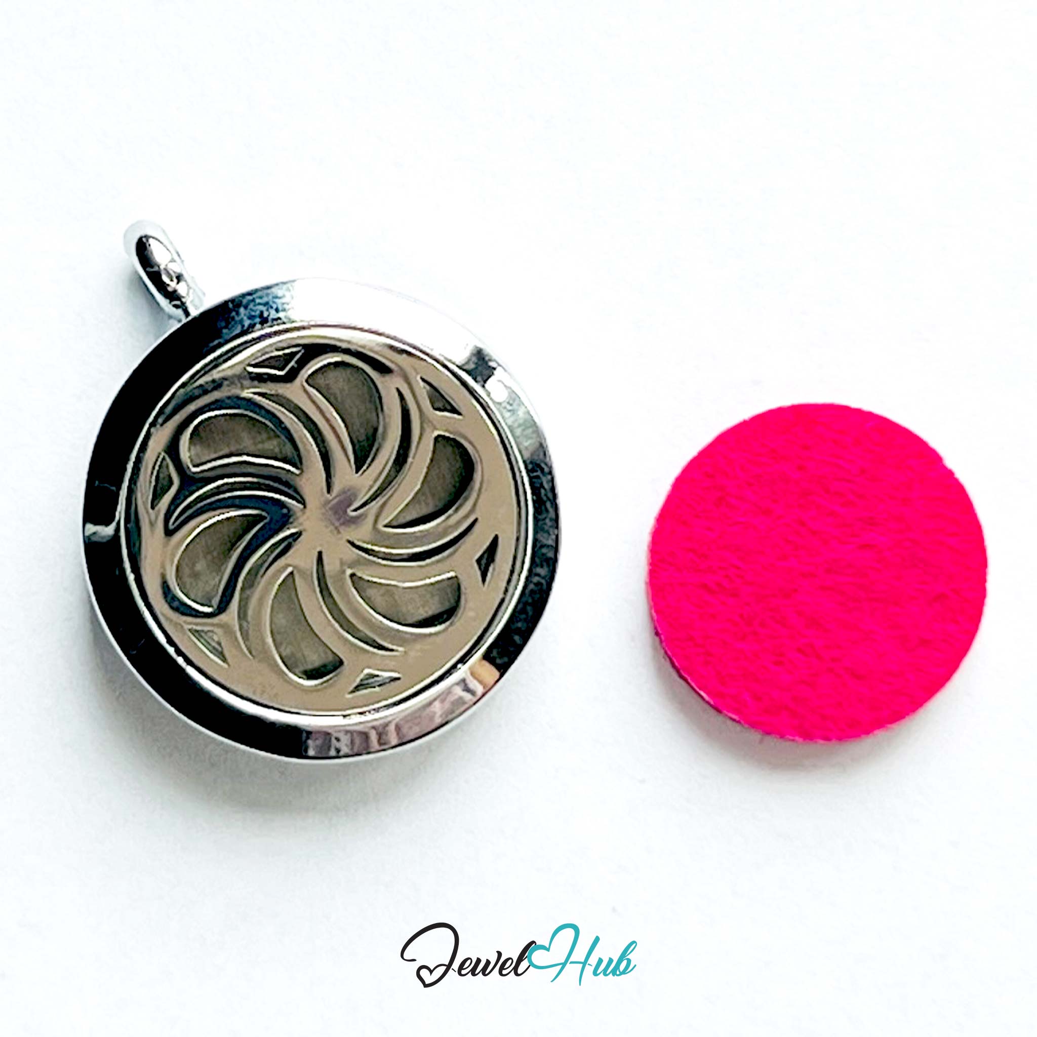 Silver floral-patterned locket and pink round object on a white background with 'Jewel Hub' branding.