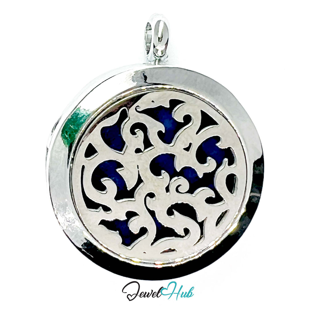 Silver pendant with blue and black intricate design on a white background, branded 'Jewel Hub'.