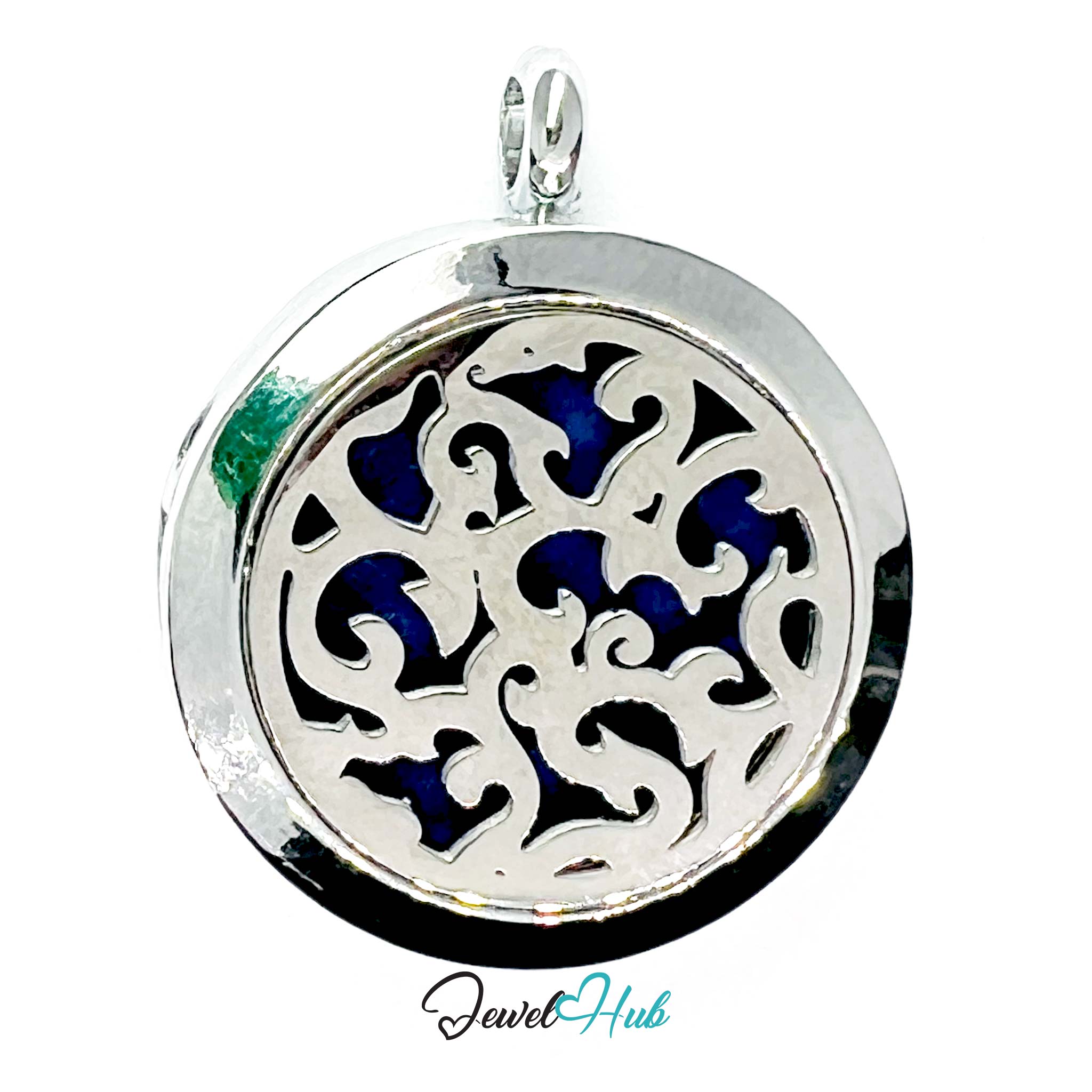Silver pendant with blue and black intricate design on a white background, branded 'Jewel Hub'.