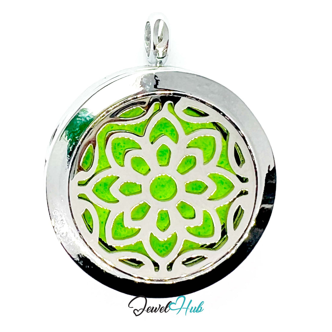 Round pendant with green floral design and silver frame on a white background, branded 'Jewel Hub'.