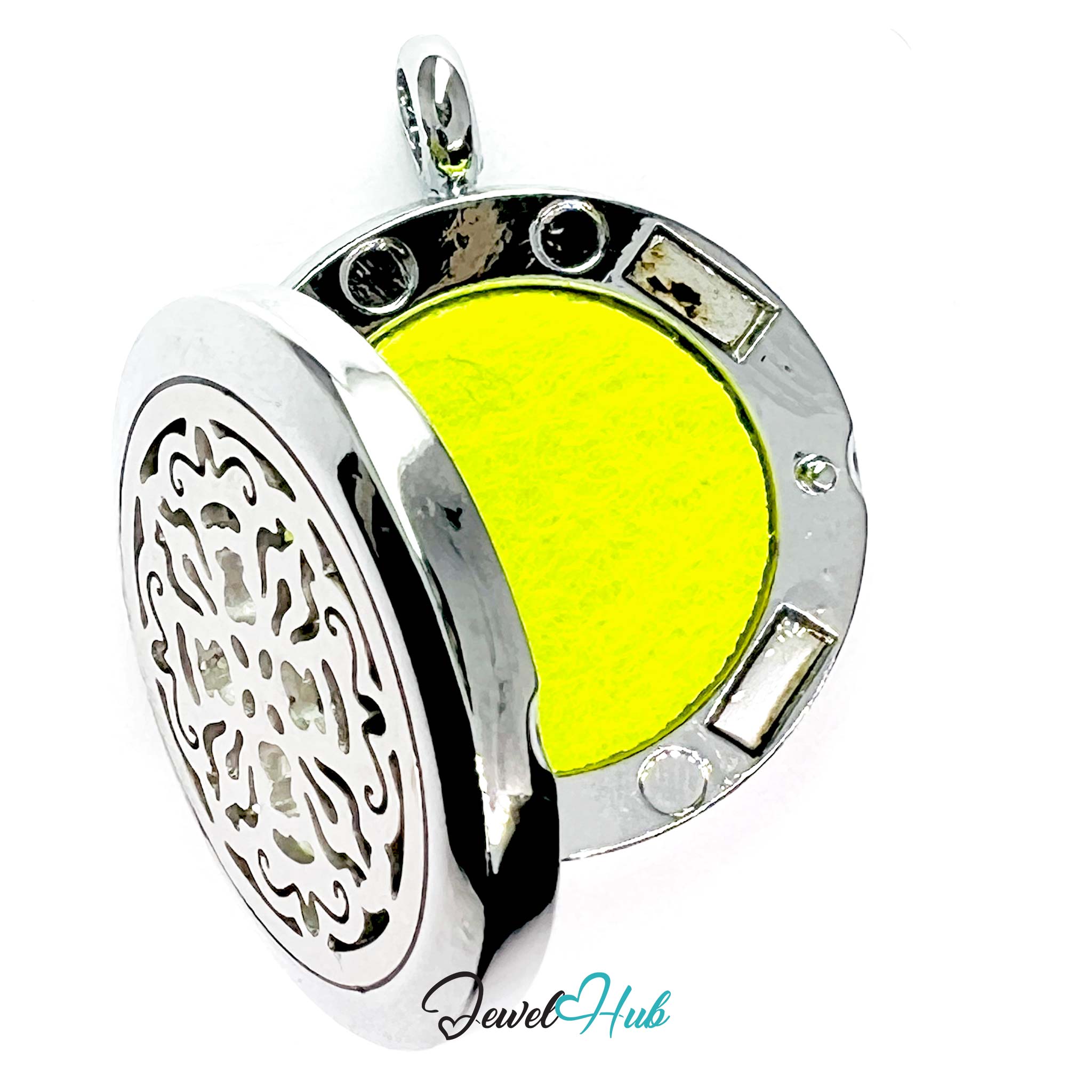 Silver pendant with a yellow center on a white background, branded 'Jewel Hub'.
