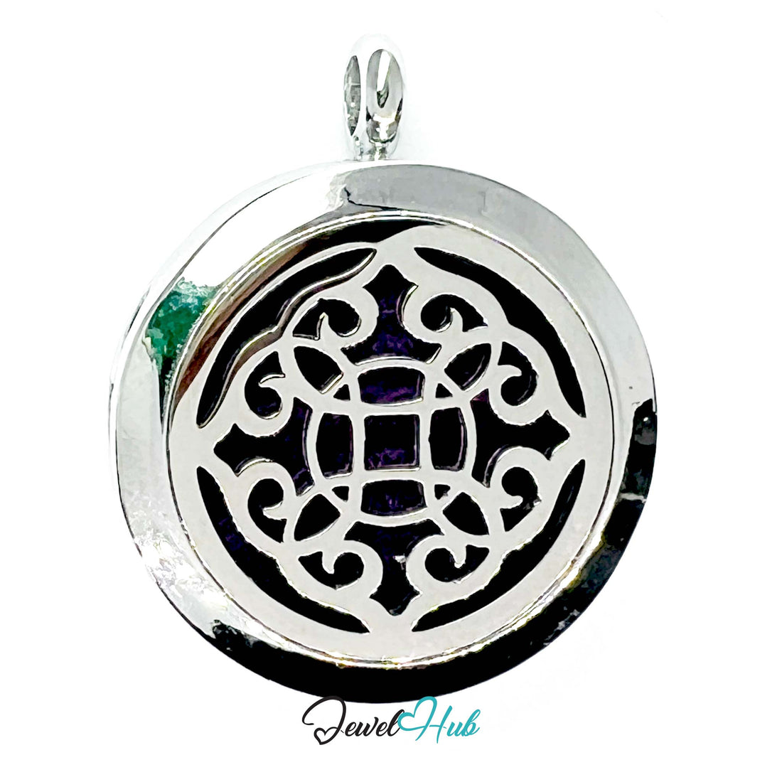 Silver pendant with intricate black design on a white background, branded 'Jewel Hub'.