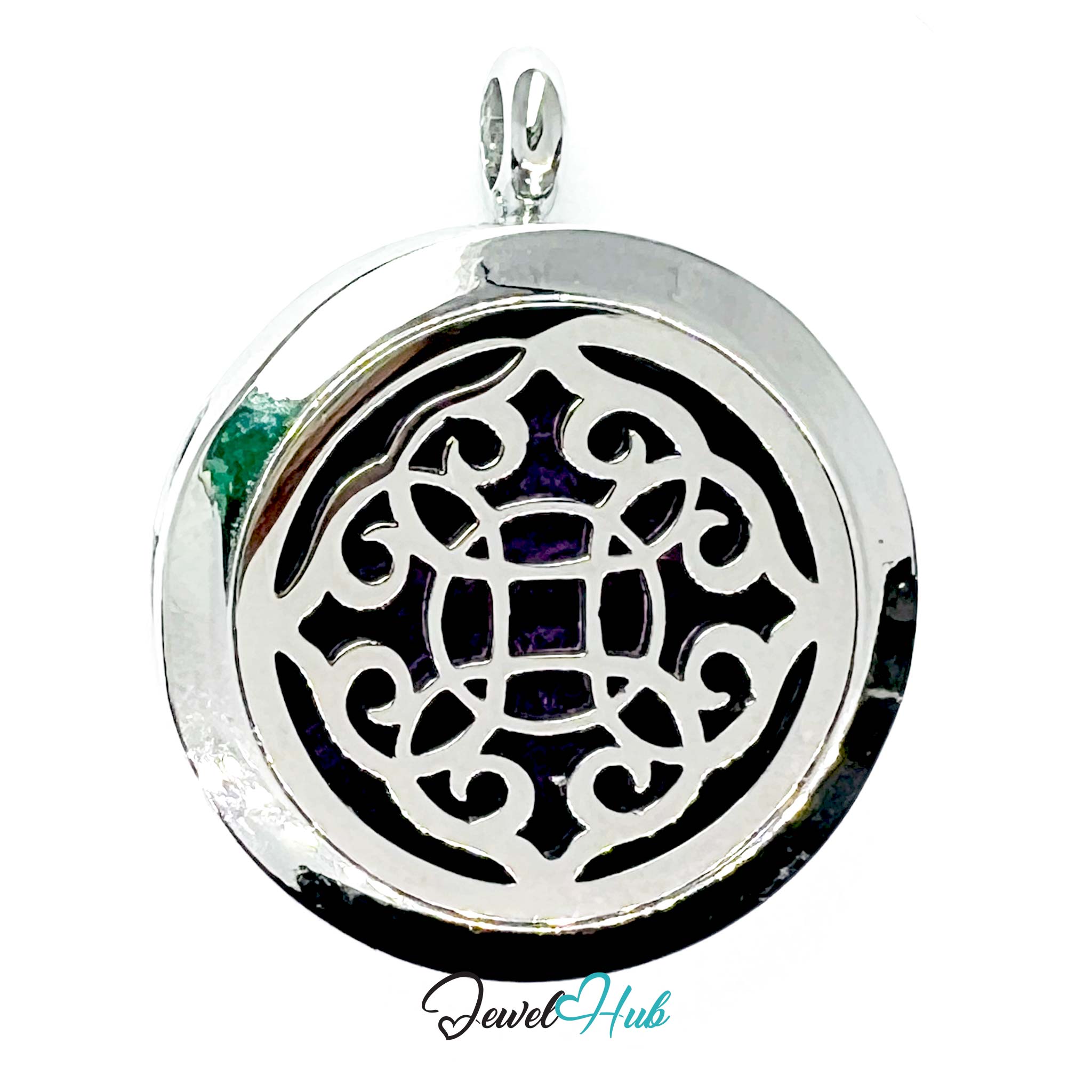Silver pendant with intricate black design on a white background, branded 'Jewel Hub'.