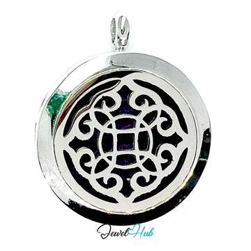 Silver pendant with intricate black design on a white background, branded 'Jewel Hub'.