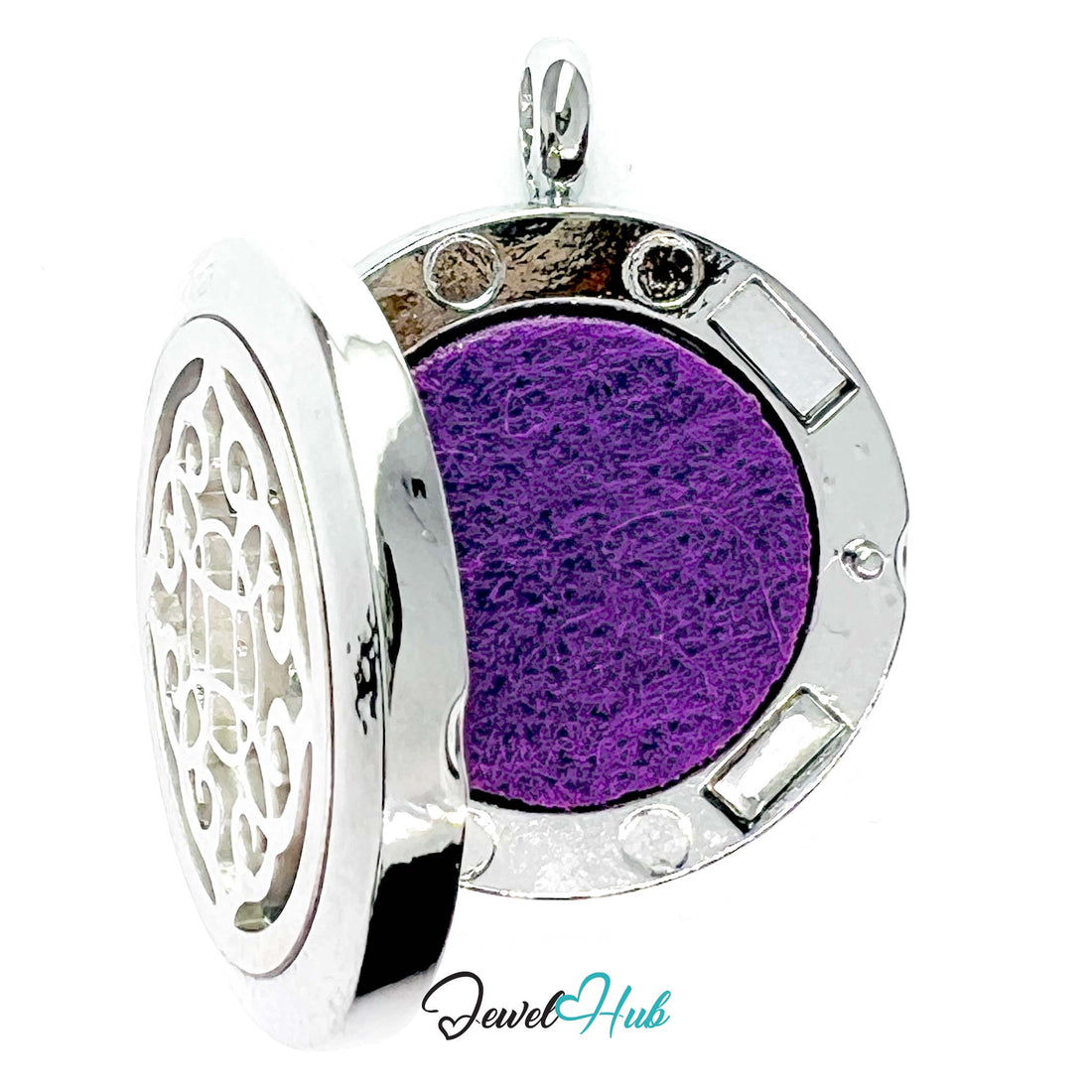 Silver pendant with intricate black design on a white background, branded 'Jewel Hub'.
