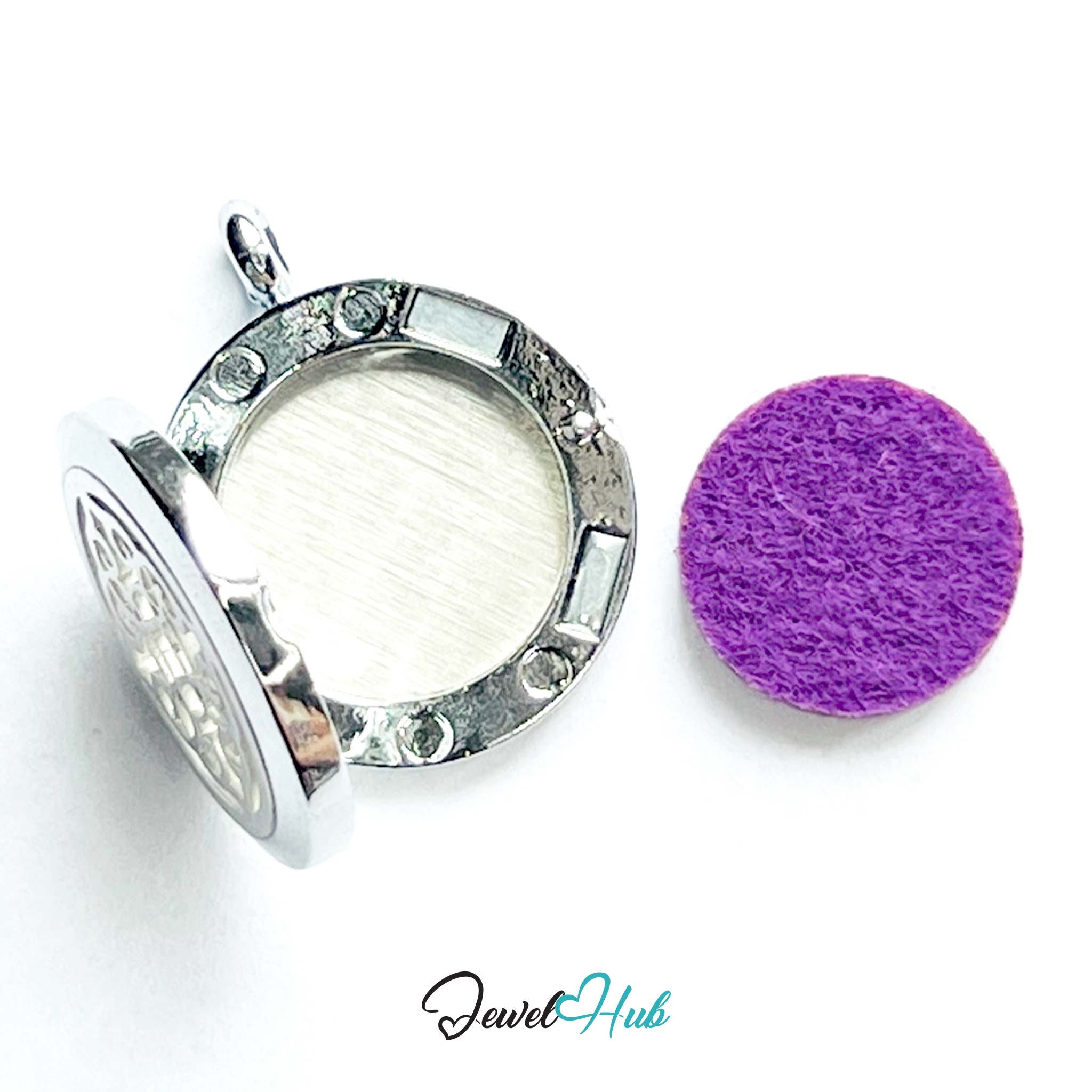 Silver jewelry locket with a purple cleaning cloth on a white background, branded 'Jewel Hub'.