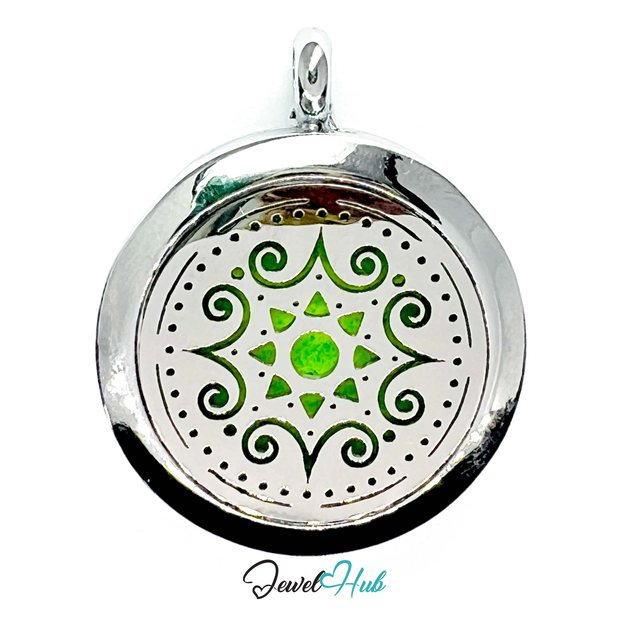 Silver pendant with green and black design on a white background, branded 'Jewel Hub'.
