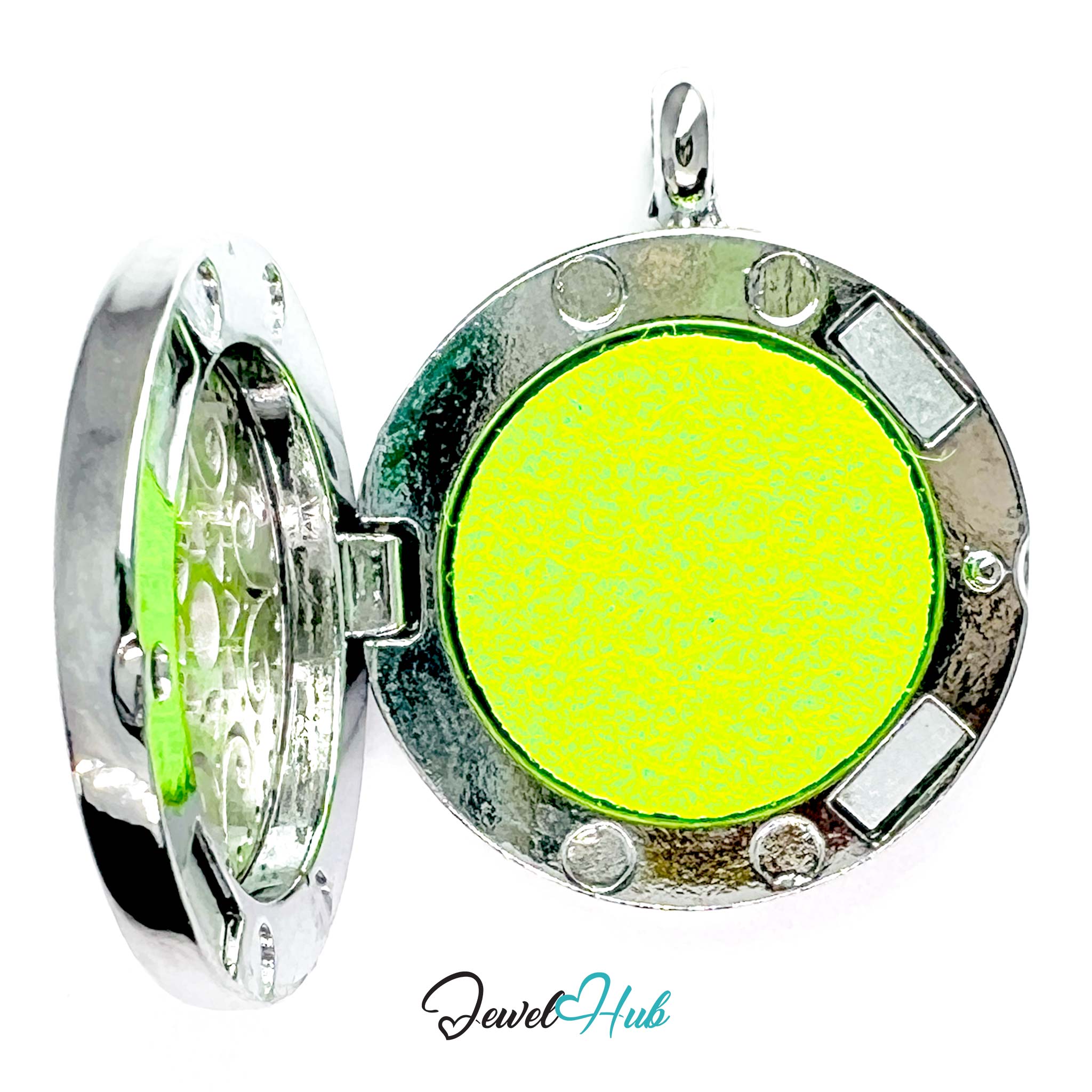 Round pendant with a yellow center and silver frame on a white background, branded 'Jewel Hub'.