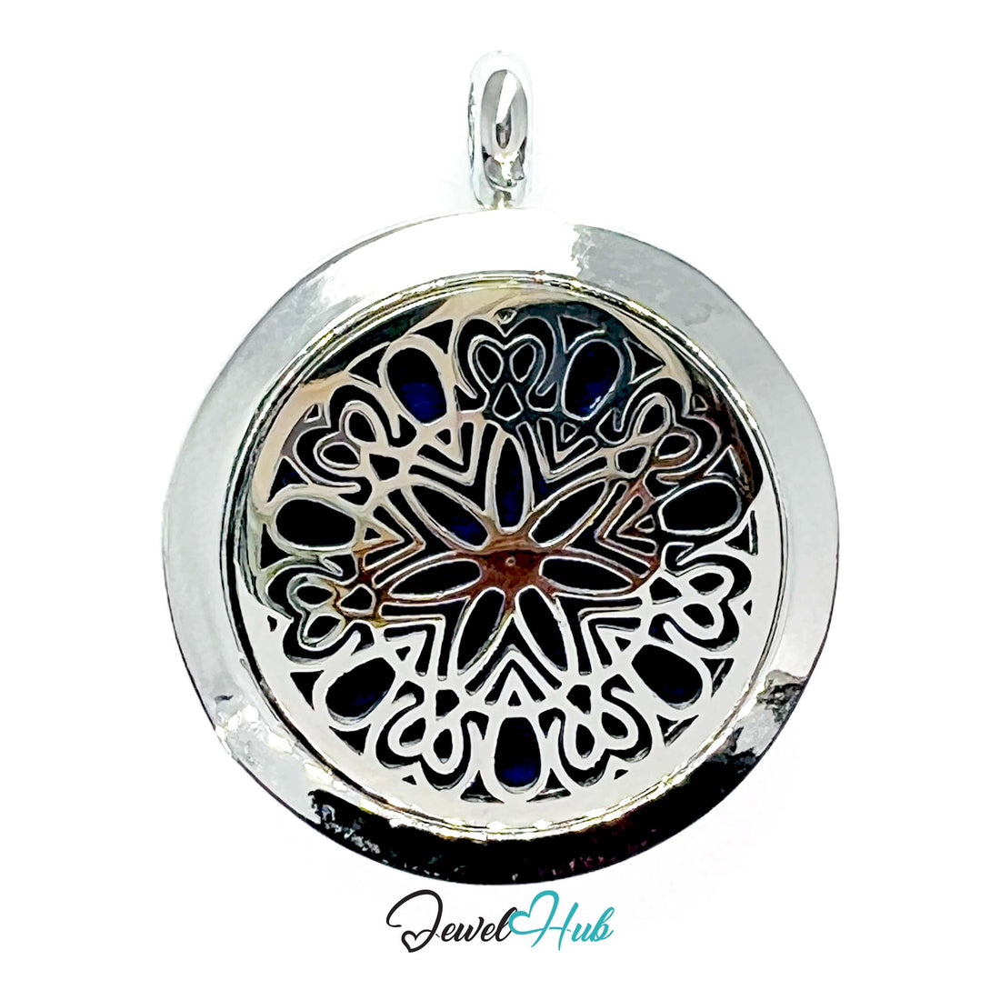 Silver pendant with intricate black design on a white background, branded 'Jewel Hub'.