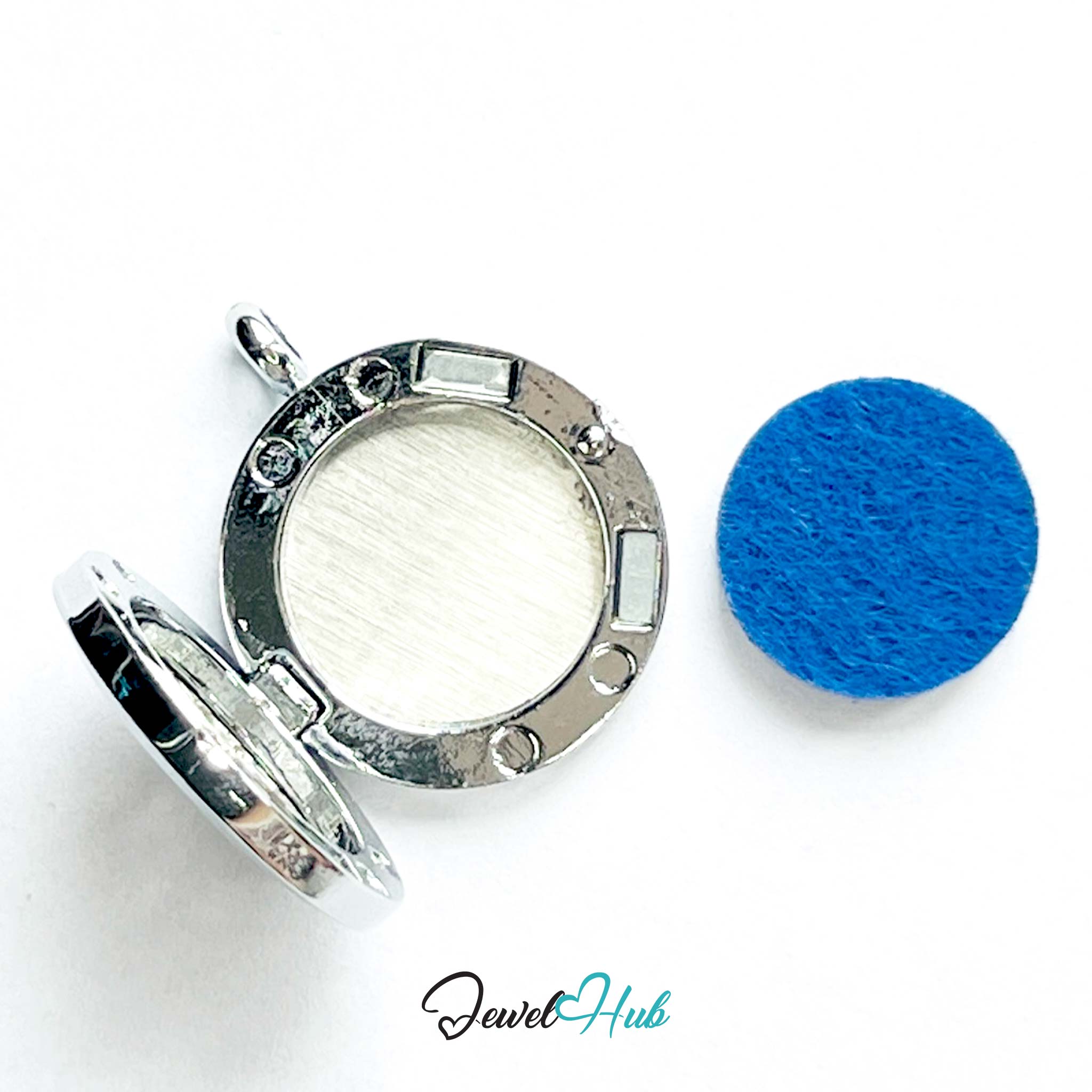 Silver jewelry component with a blue felt pad on a white background, branded 'Jewel Hub'.
