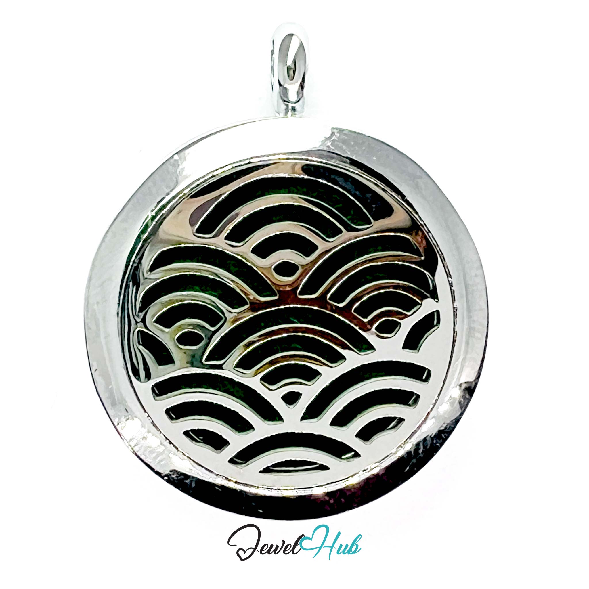 Round silver pendant with wave pattern on a white background, branded 'Jewel Hub'.