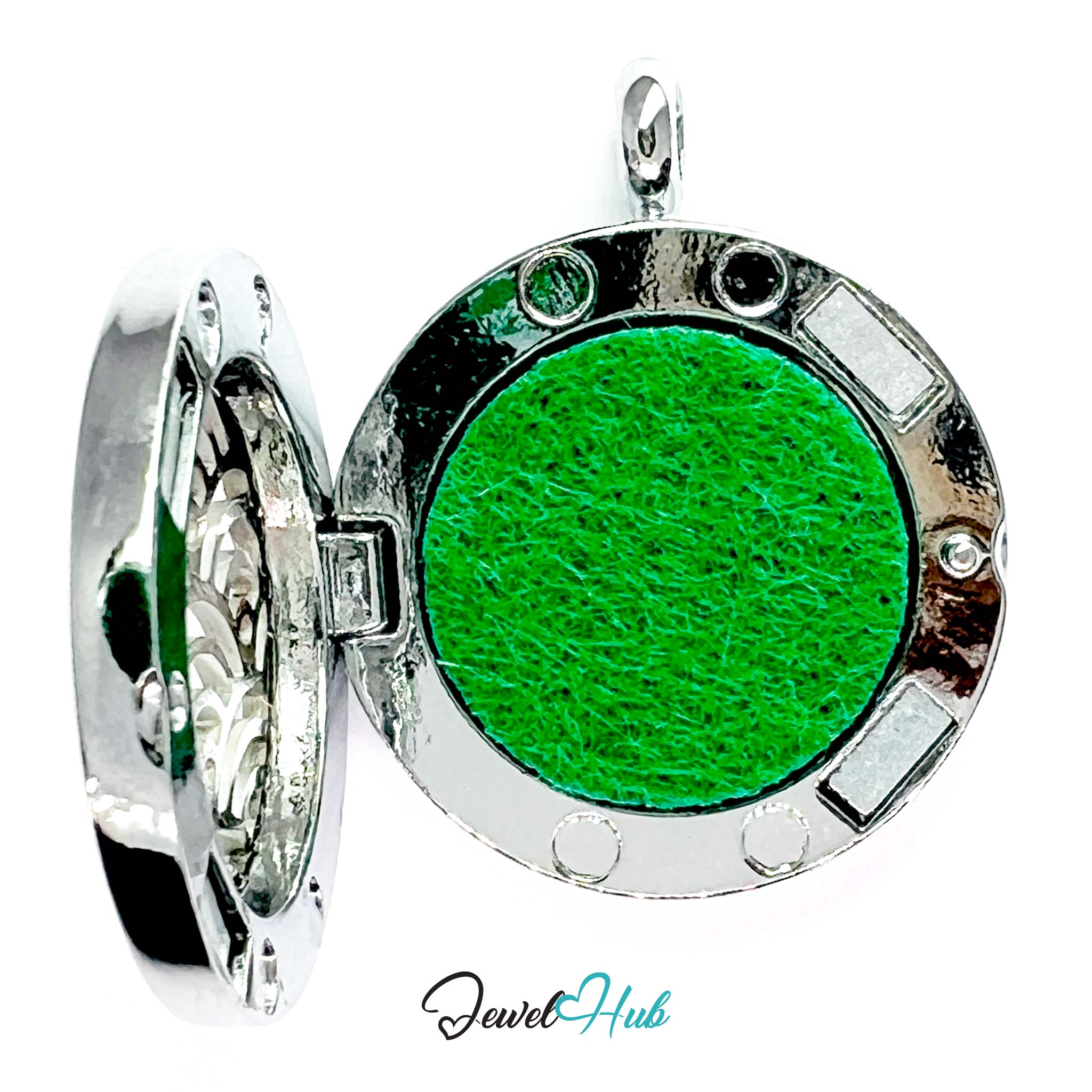 Green pendant with silver frame on a white background, brand 'Jewel Hub' visible.
