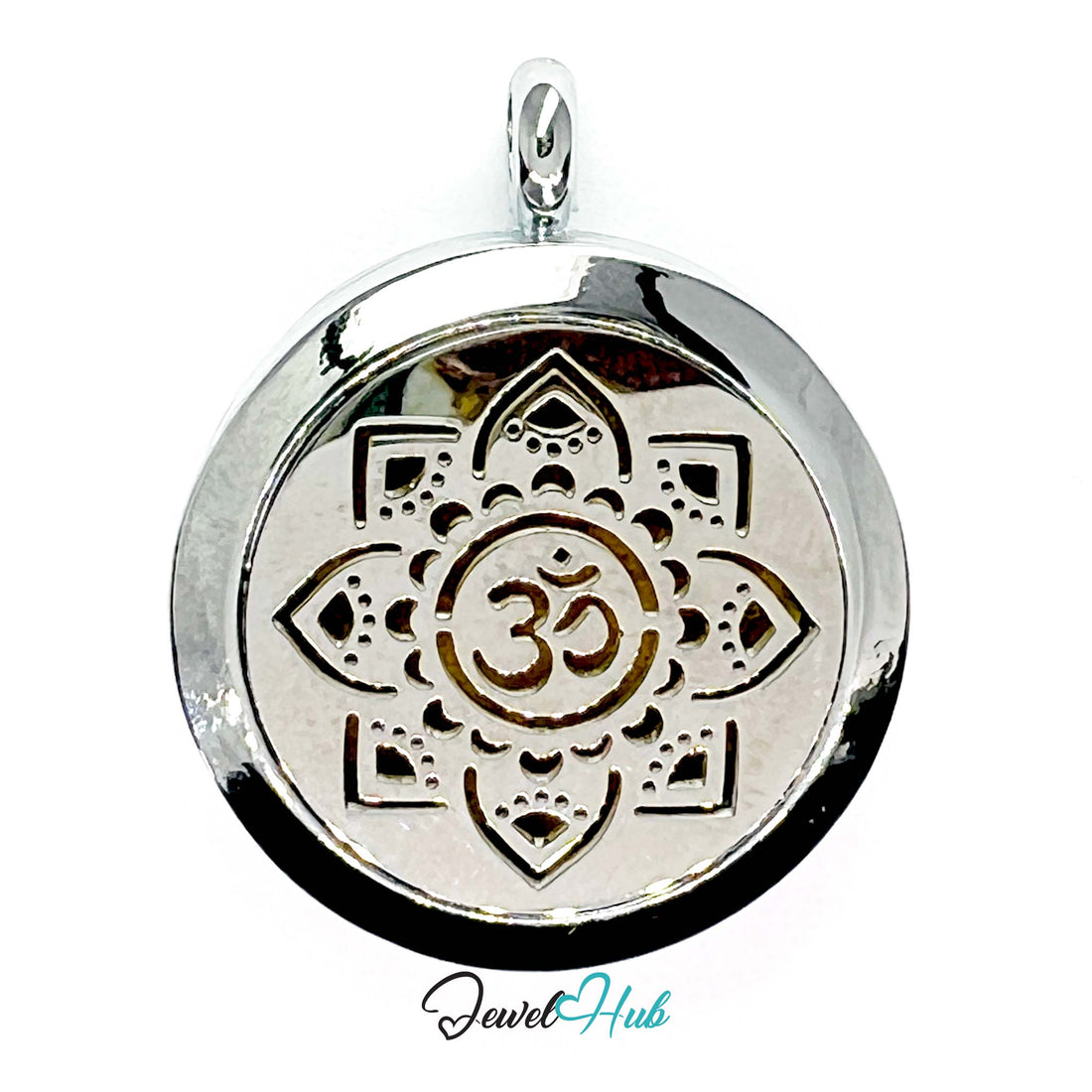 Silver pendant with intricate design and 'Om' symbol on a white background, branded 'Jewel Hub'.