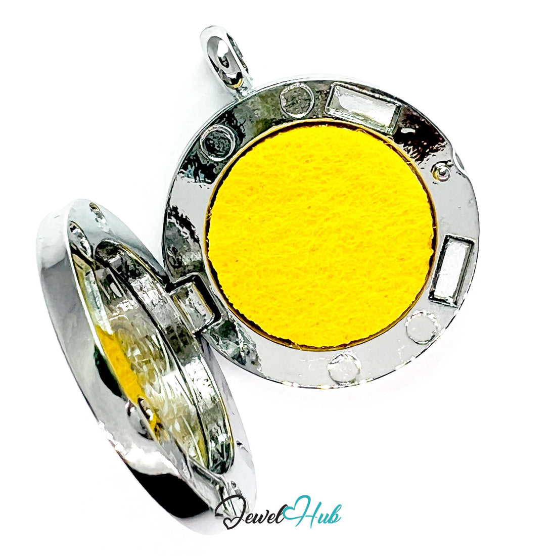Silver pendant with intricate design and 'Om' symbol on a white background, branded 'Jewel Hub'.