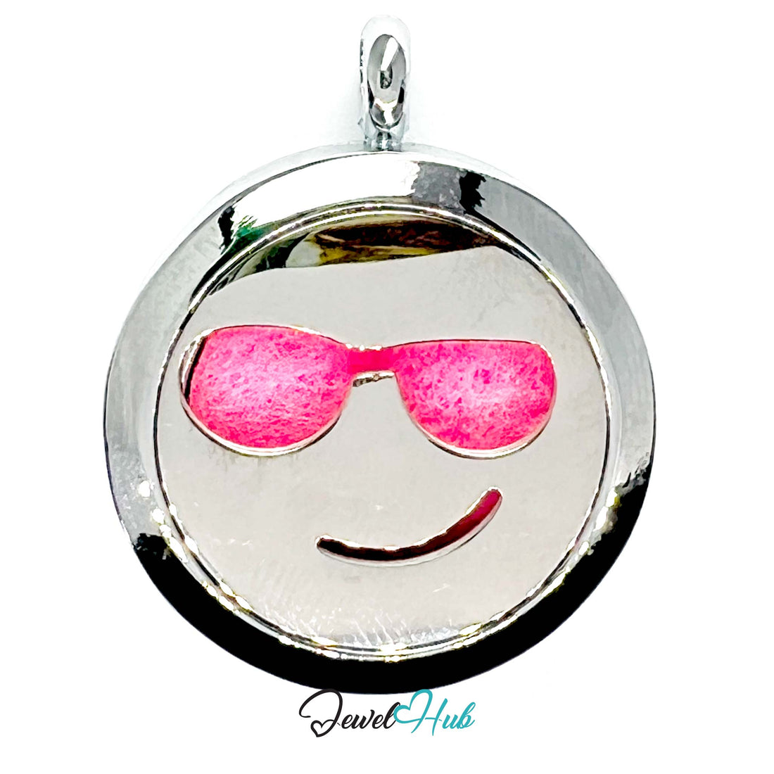 Circular pendant with pink sunglasses design on a white background, branded 'Jewel Hub'.