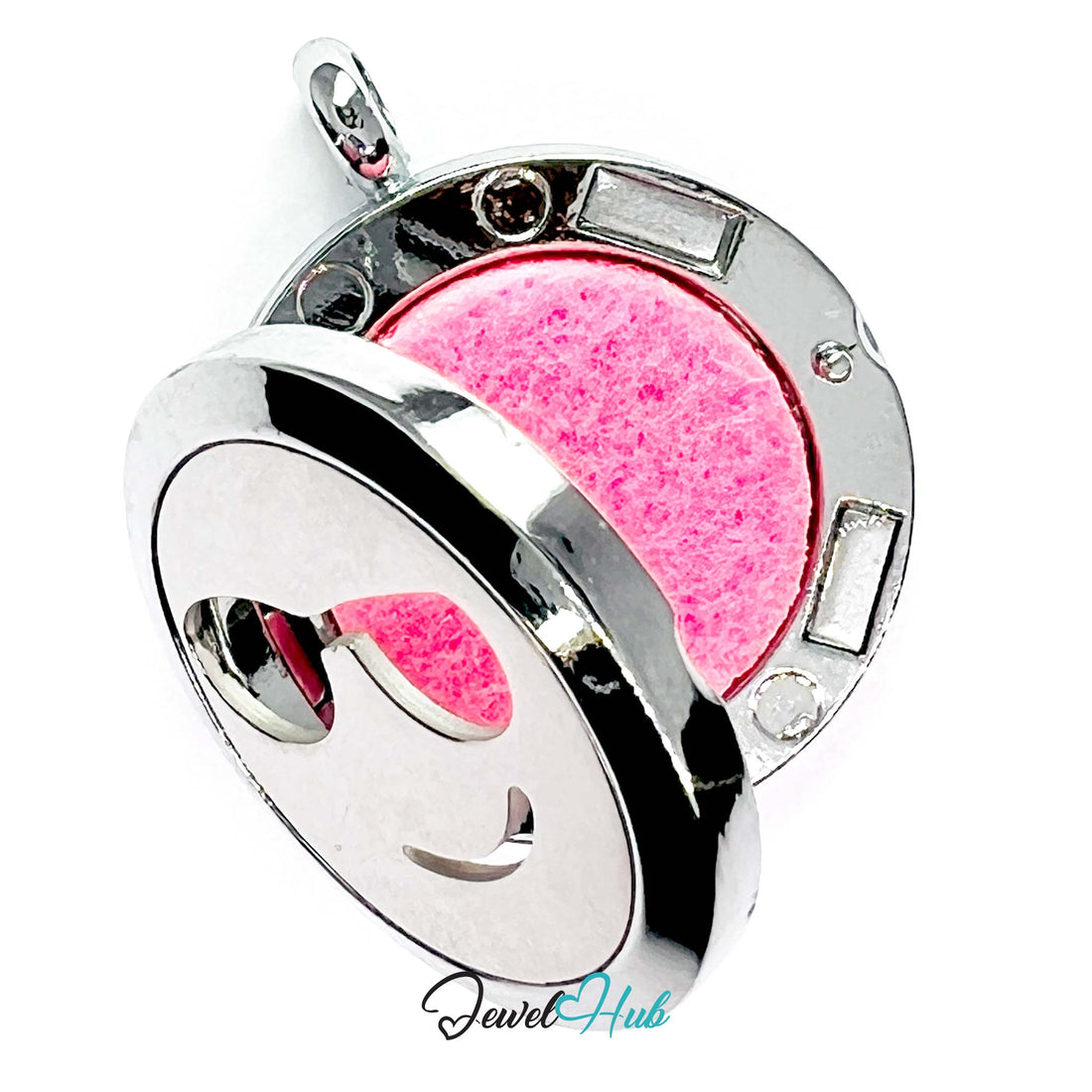 Circular pendant with pink sunglasses design on a white background, branded 'Jewel Hub'.