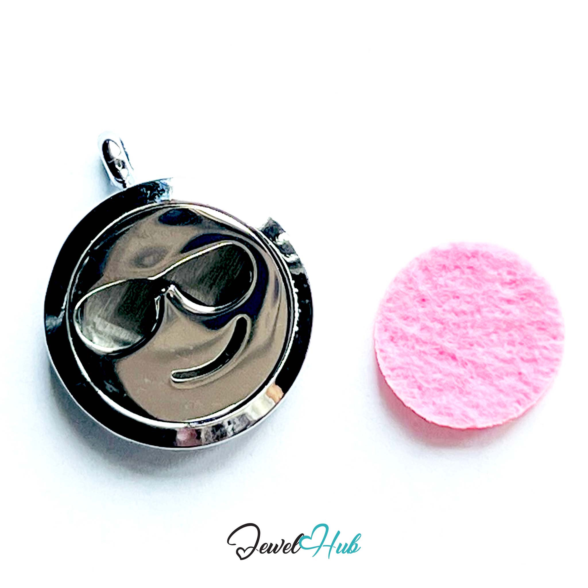 Silver locket with a pink round item on a white background, branded 'Jewel Hub'.