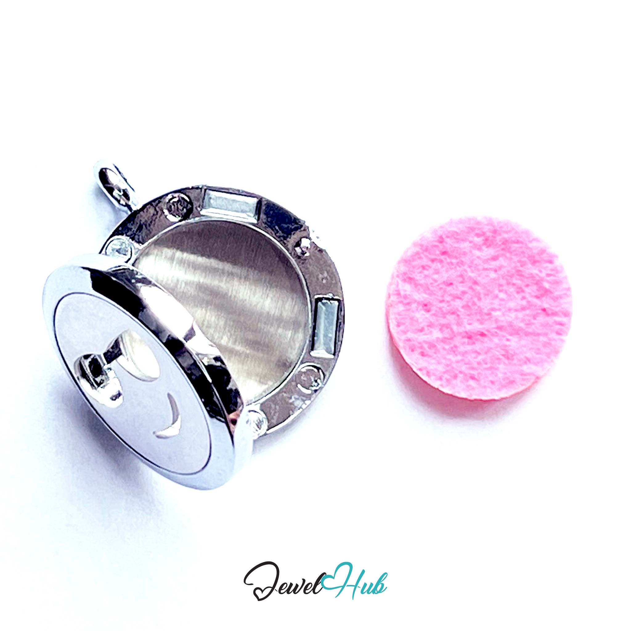Silver jewelry component with pink cleaning pad on a white background, branded 'Jewel Hub'.