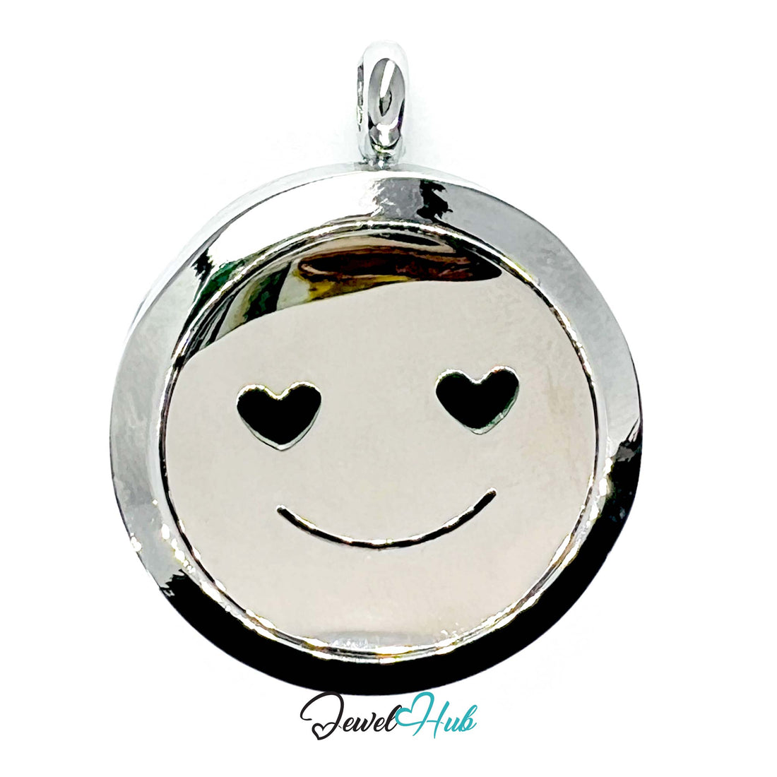 Silver pendant with smiley face design featuring heart eyes on a white background, brand 'Jewel Hub' visible.