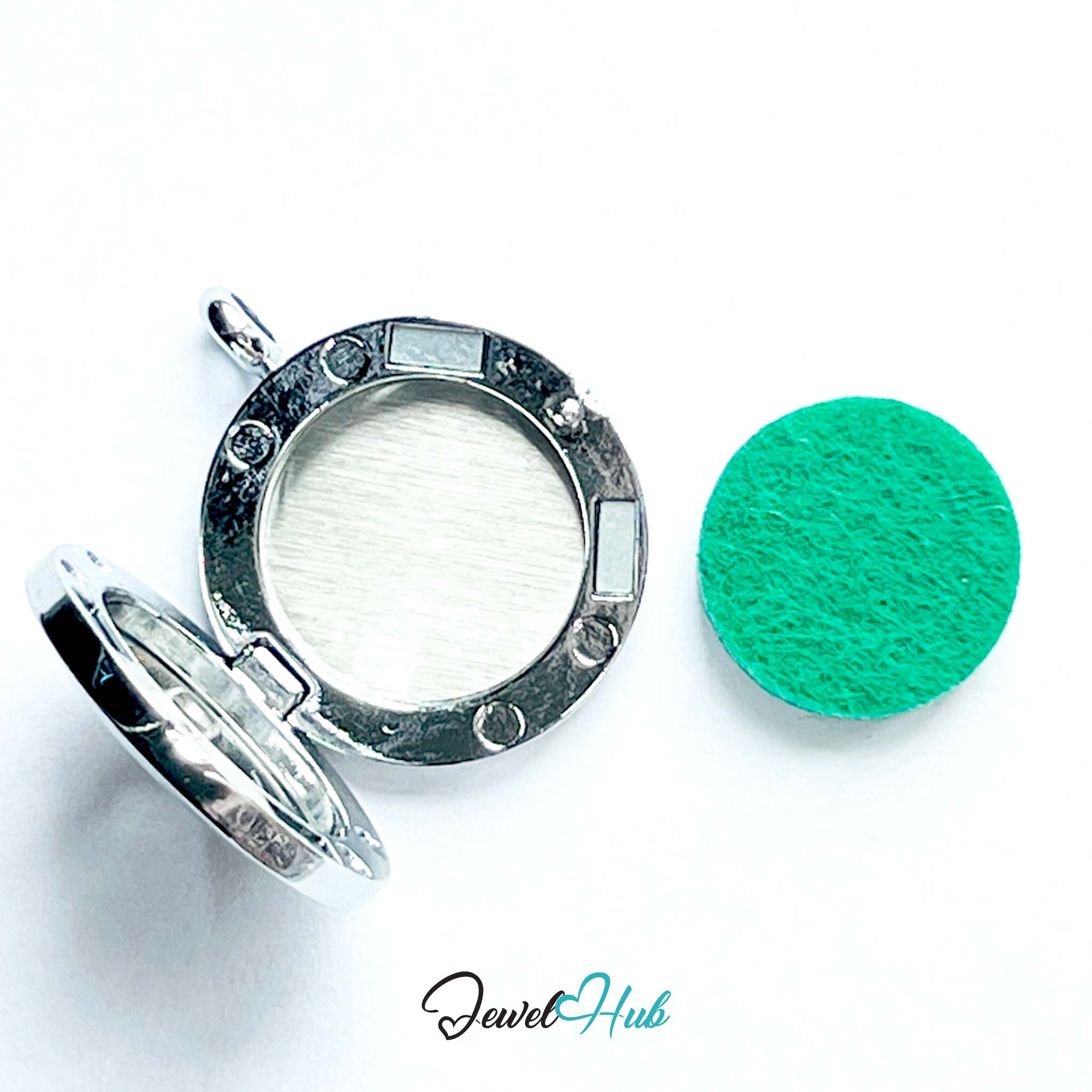 Silver jewelry clasp and green felt pad on a white background with 'Jewel Hub' branding.