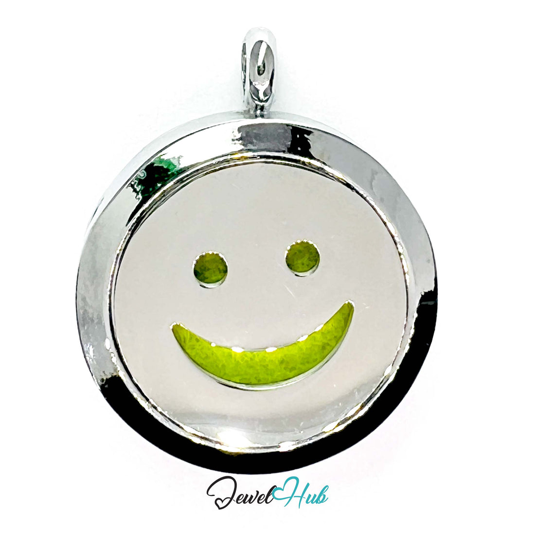 Smiley face pendant with silver frame on a white background, brand 'Jewel Hub' visible.