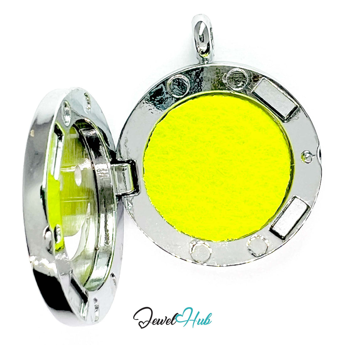 Smiley face pendant with silver frame on a white background, brand 'Jewel Hub' visible.