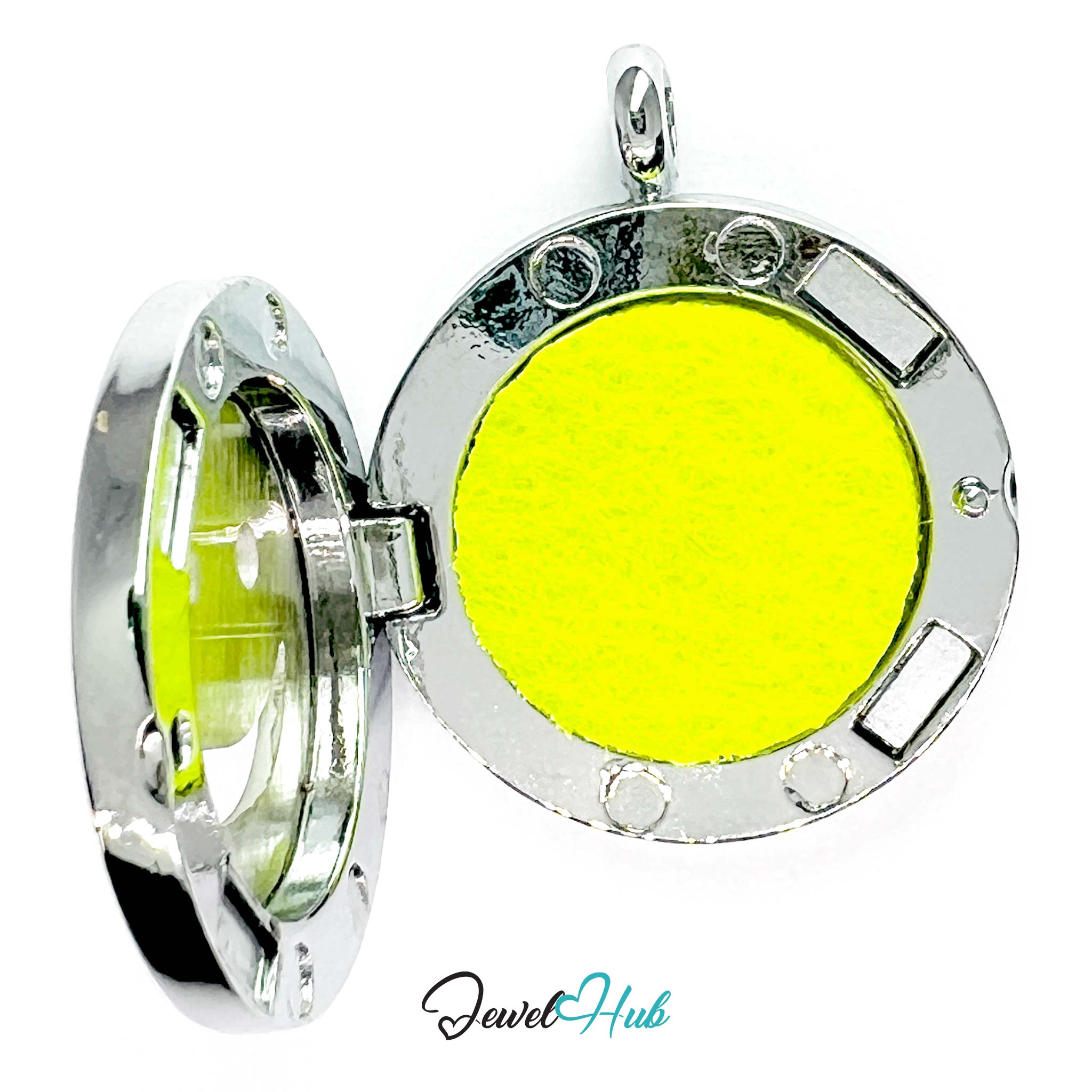 Silver pendant with a yellow center on a white background, branded 'Jewel Hub'.