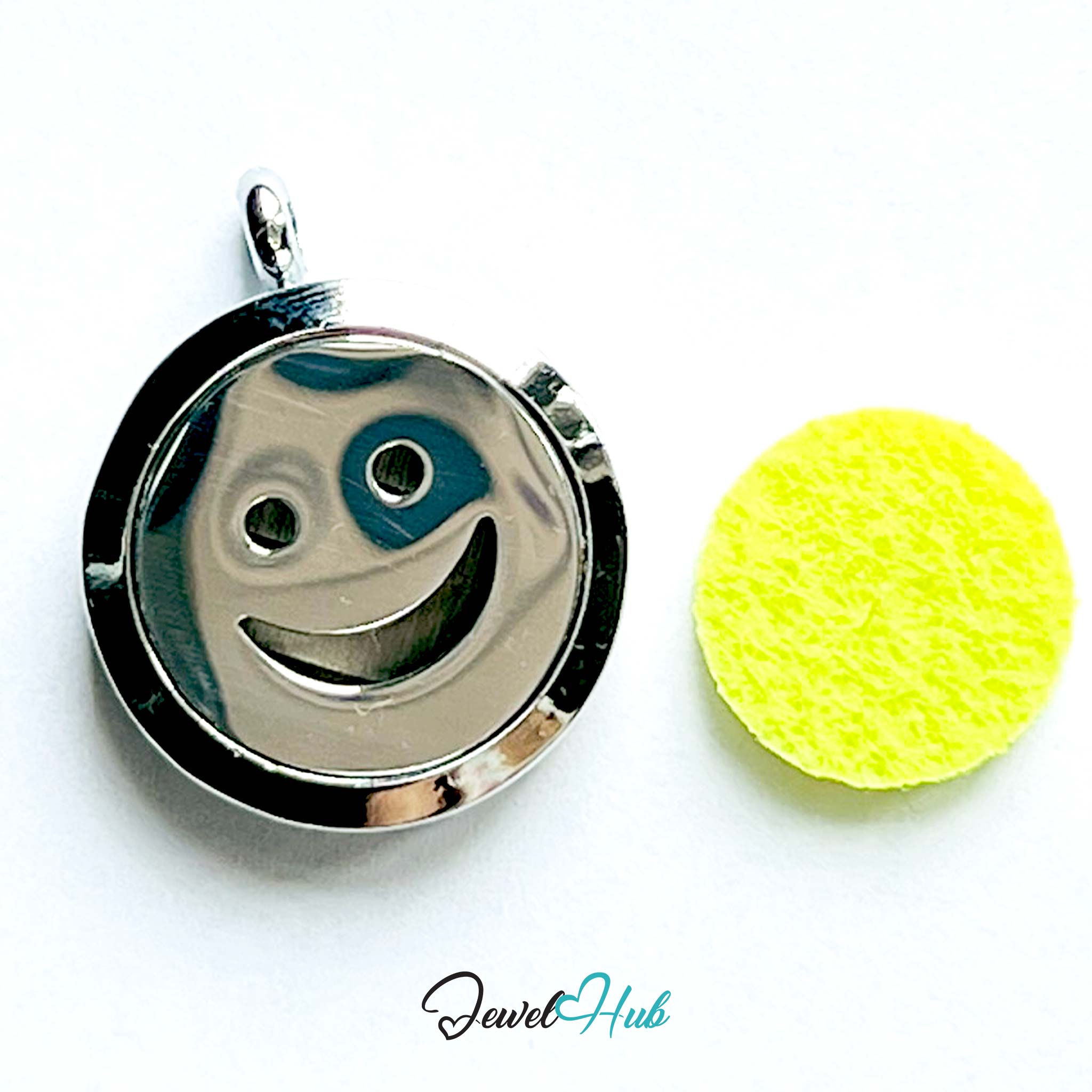 Silver smiley face pendant with a yellow cleaning cloth on a white background, branded 'Jewel Hub'.