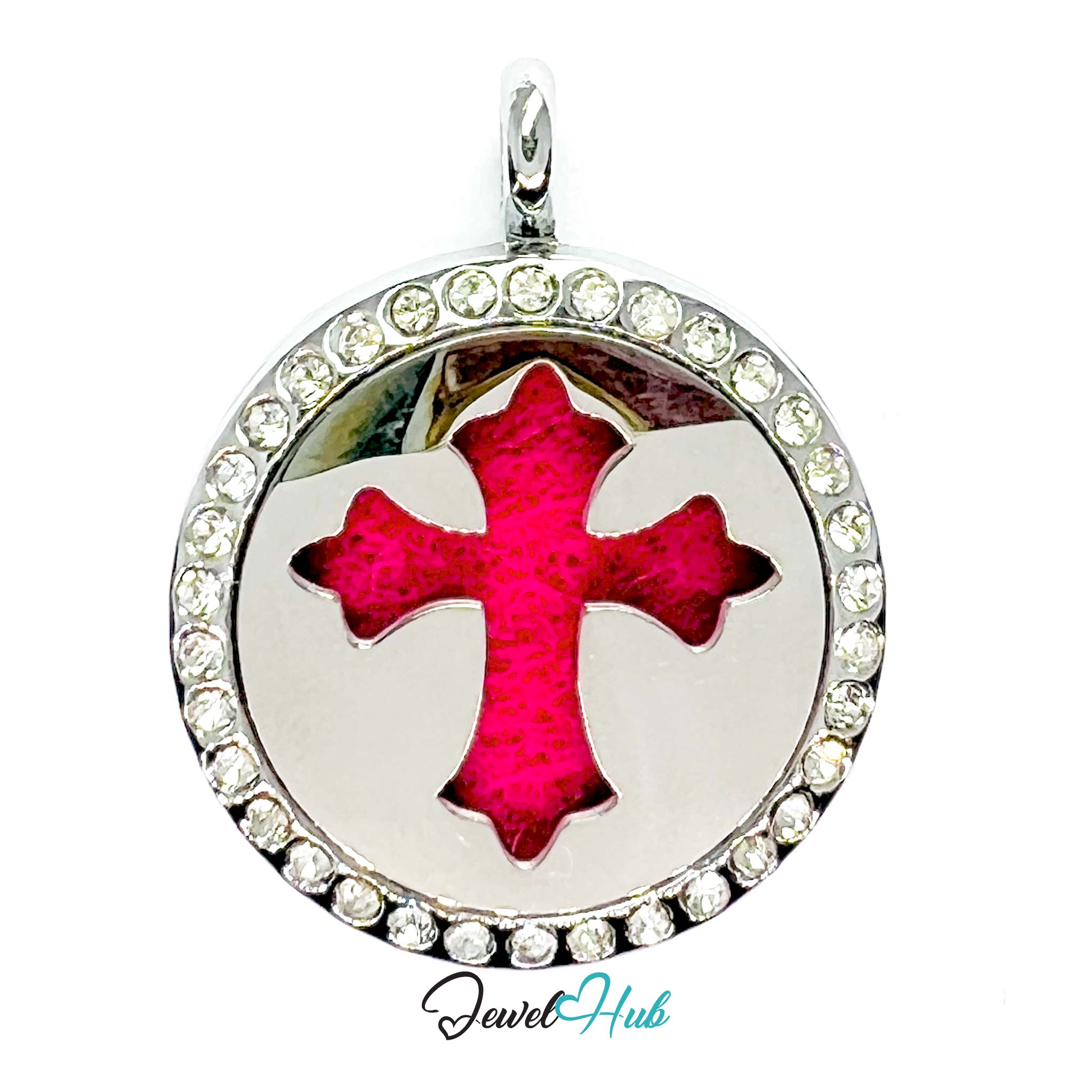 Pendant with red cross design and crystal embellishments on a white background, branded 'Jewel Hub'.