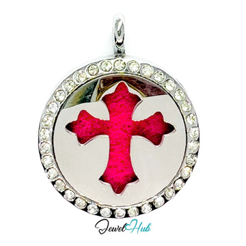 Pendant with red cross design and crystal embellishments on a white background, branded 'Jewel Hub'.