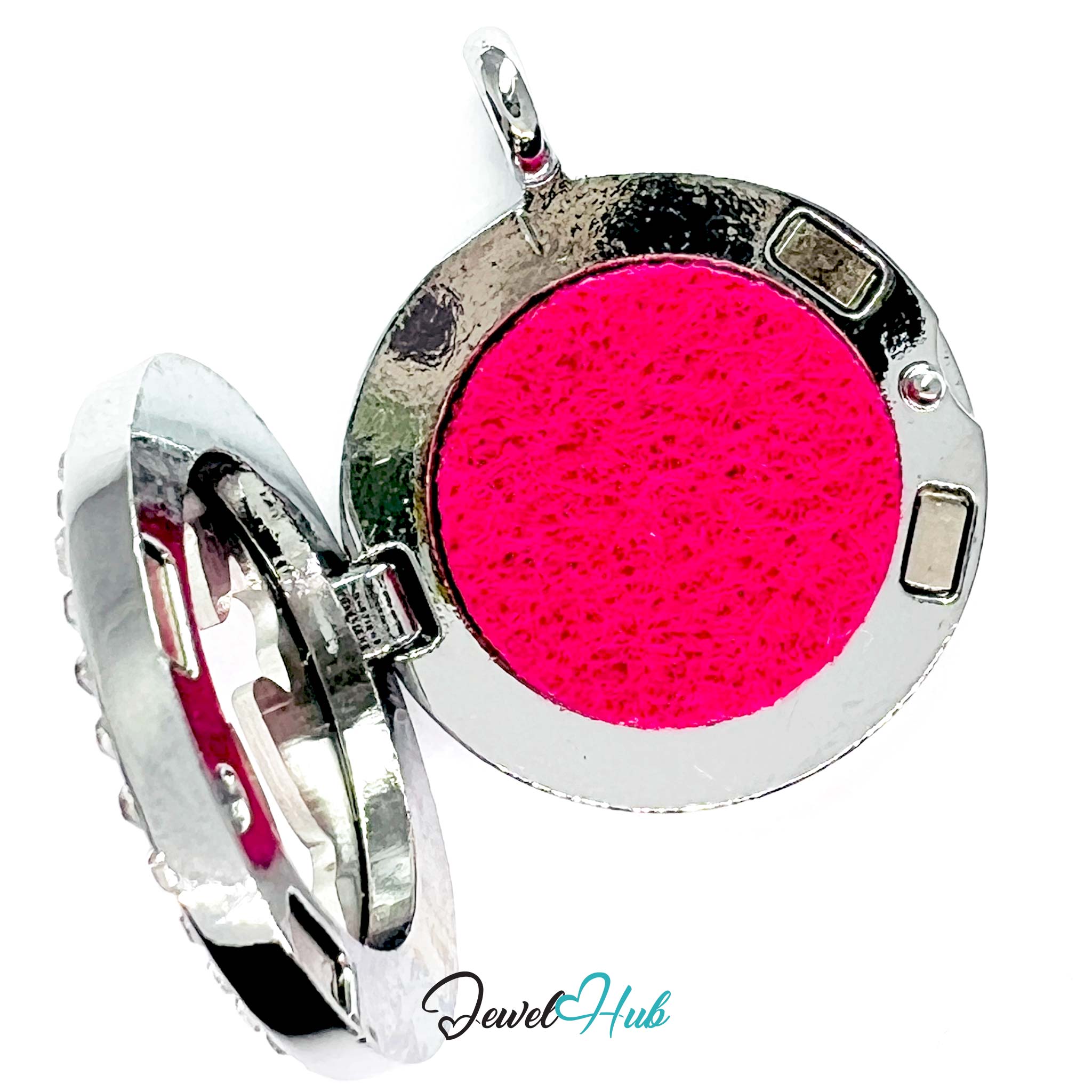 Neon pink pendant with silver frame on a white background