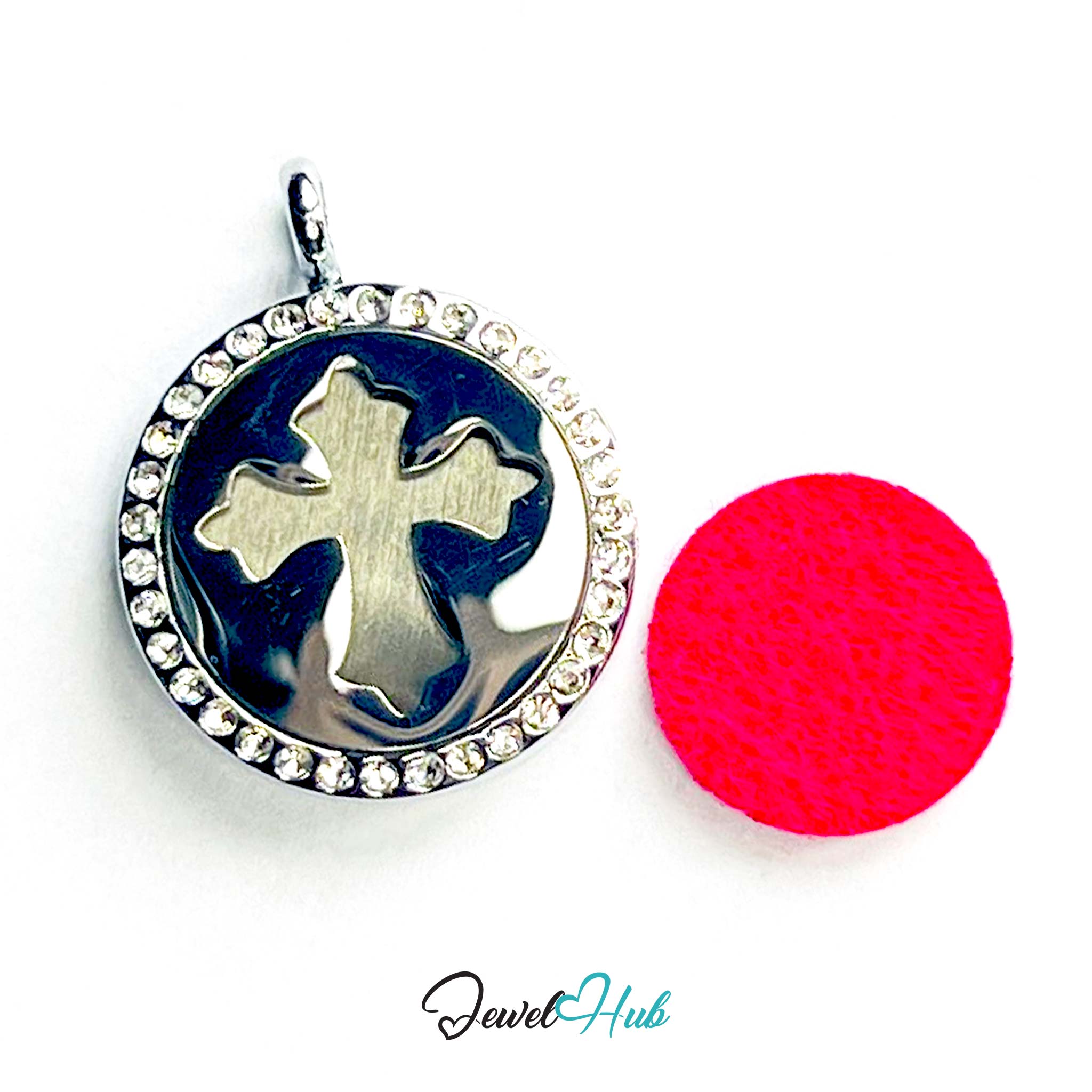 Pendant with cross design and pink ball on a white background, branded 'Jewel Hub'.