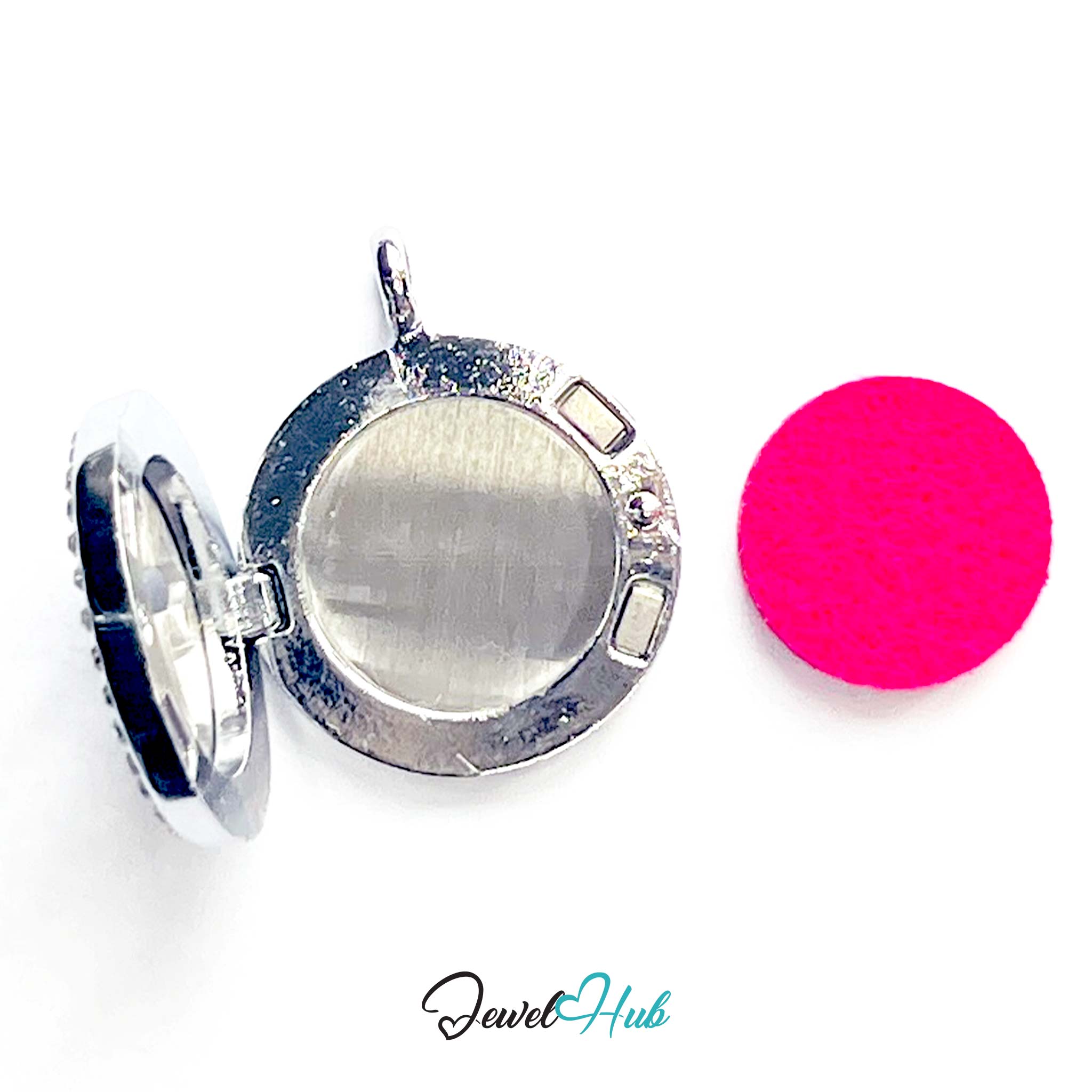 Silver locket with a pink round object on a white background, branded 'Jewel Hub'.