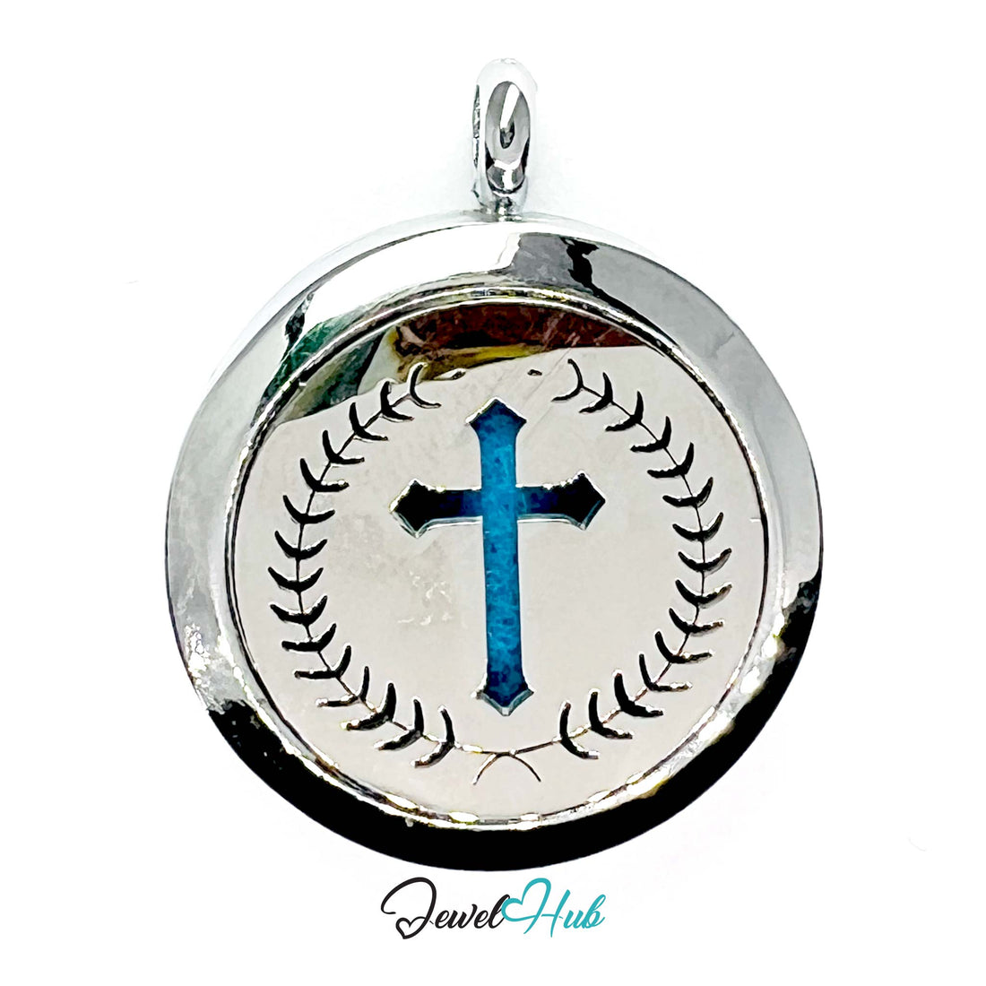 Silver pendant with blue cross design on a white background