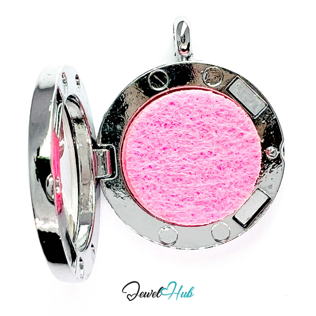 Pink rose pendant with silver frame on a white background
