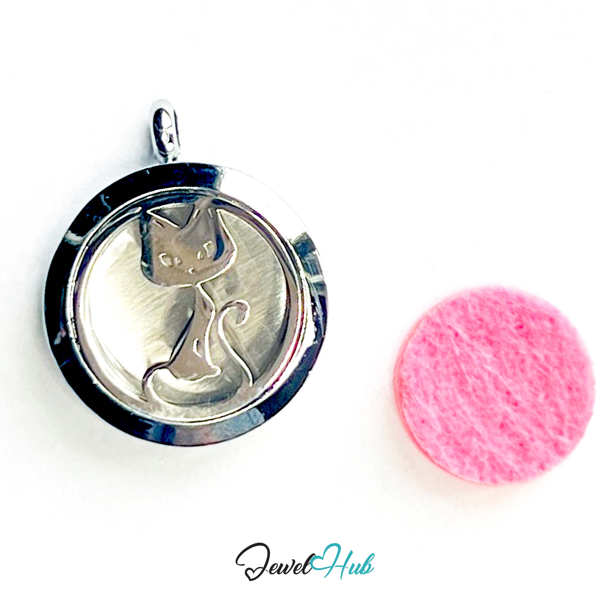 Silver cat-shaped pendant with a pink cleaning cloth on a white background, branded 'Jewel Hub'.