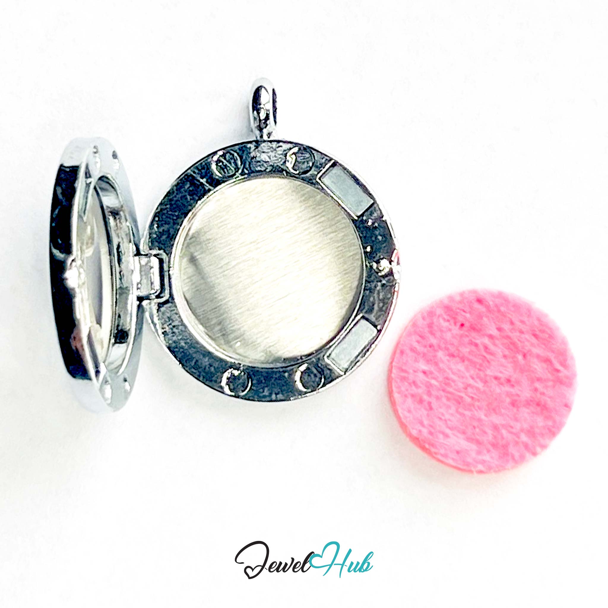Silver locket with a pink cleaning cloth on a white background, branded 'Jewel Hub'.