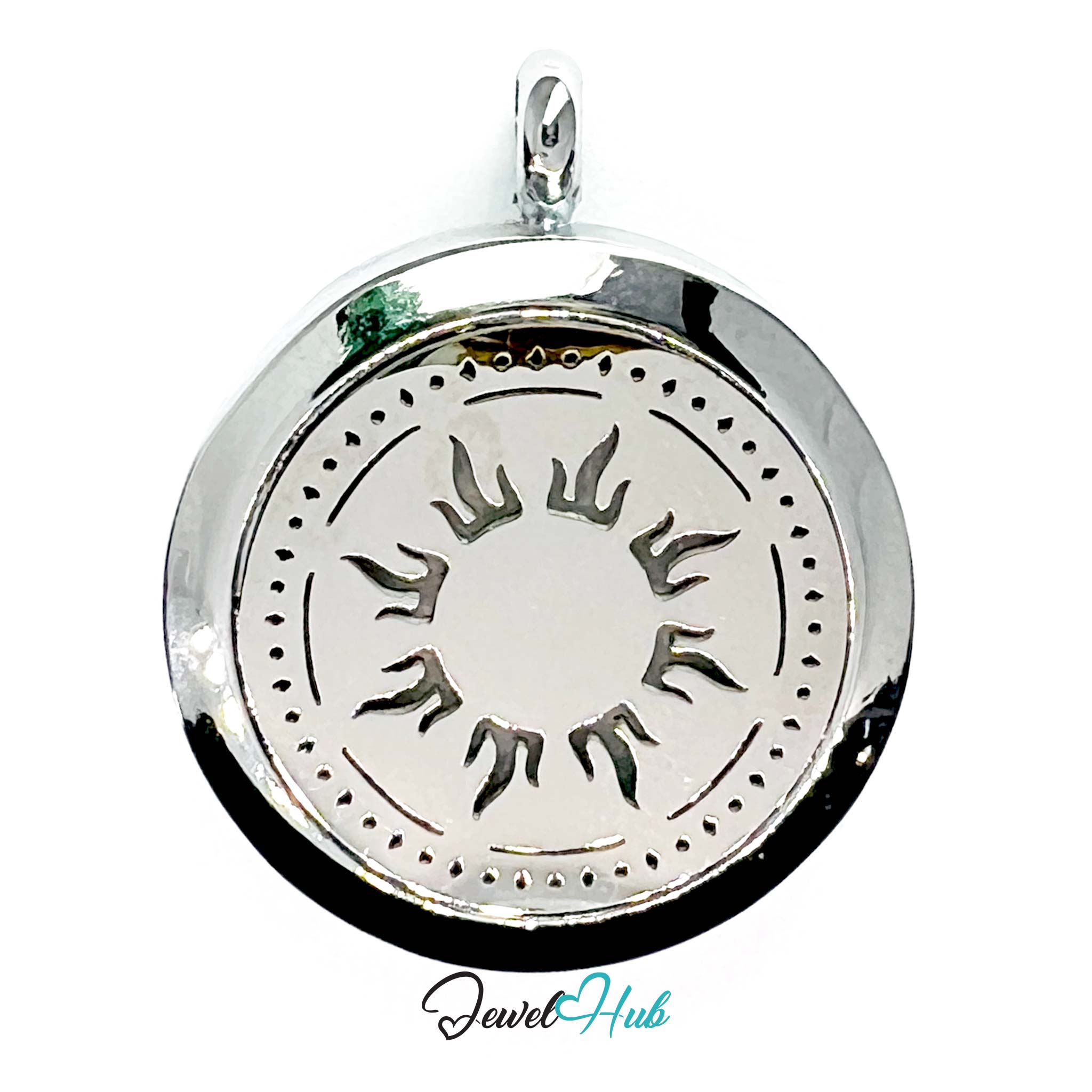 Silver pendant with engraved design on a white background, branded 'Jewel Hub'.
