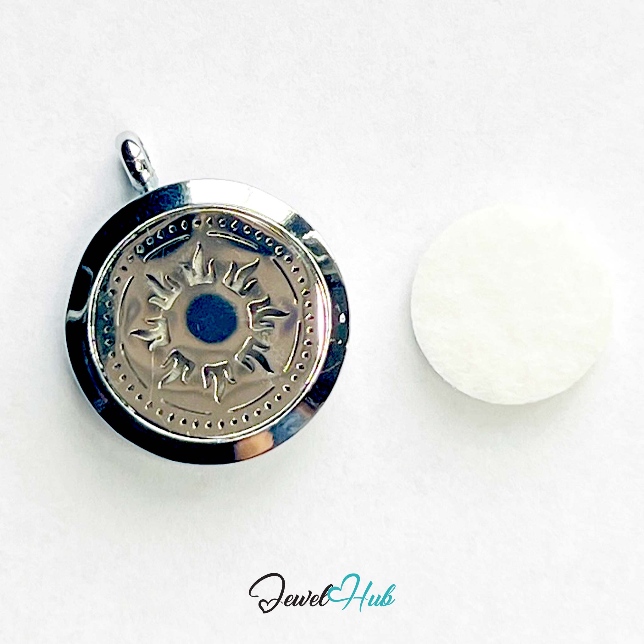 Silver pendant with blue center on a white background, branded 'Jewel Hub'.