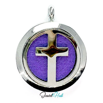 Pendant with purple center and silver cross on a white background, brand 'Jewel Hub' visible.