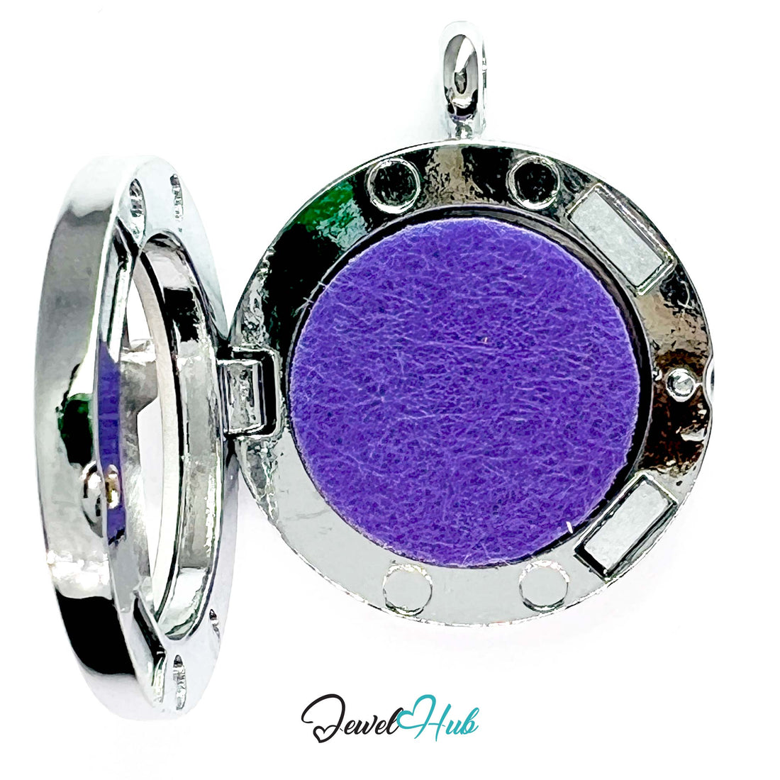 Pendant with purple center and silver cross on a white background, brand 'Jewel Hub' visible.