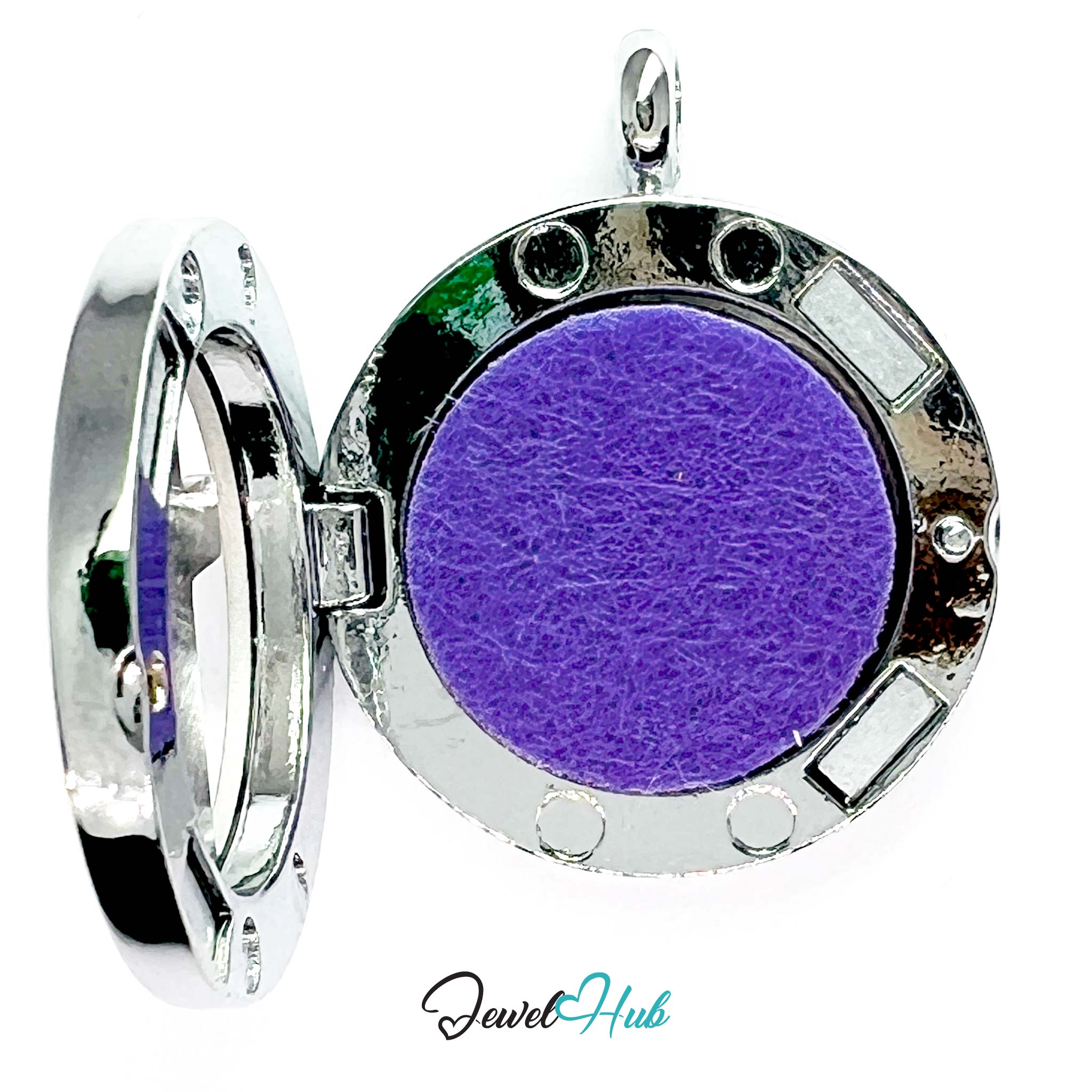 Round silver pendant with purple center on a white background, branded 'Jewel Hub'.