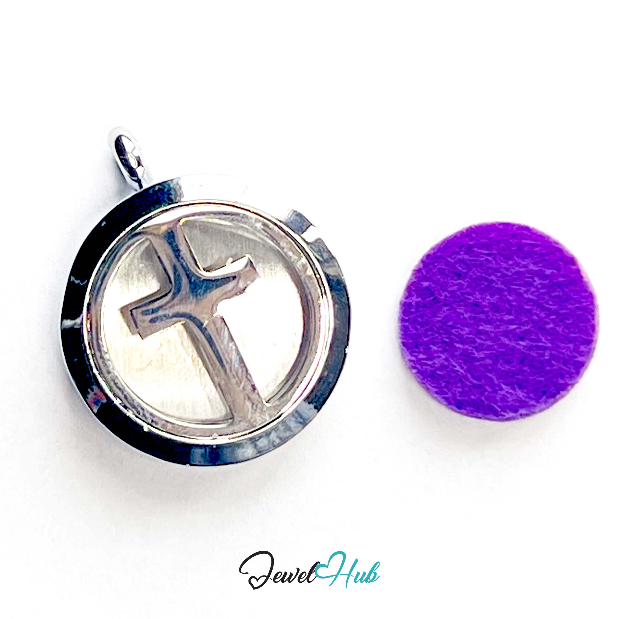 Silver cross pendant with a purple round object on a white background, branded 'Jewel Hub'.