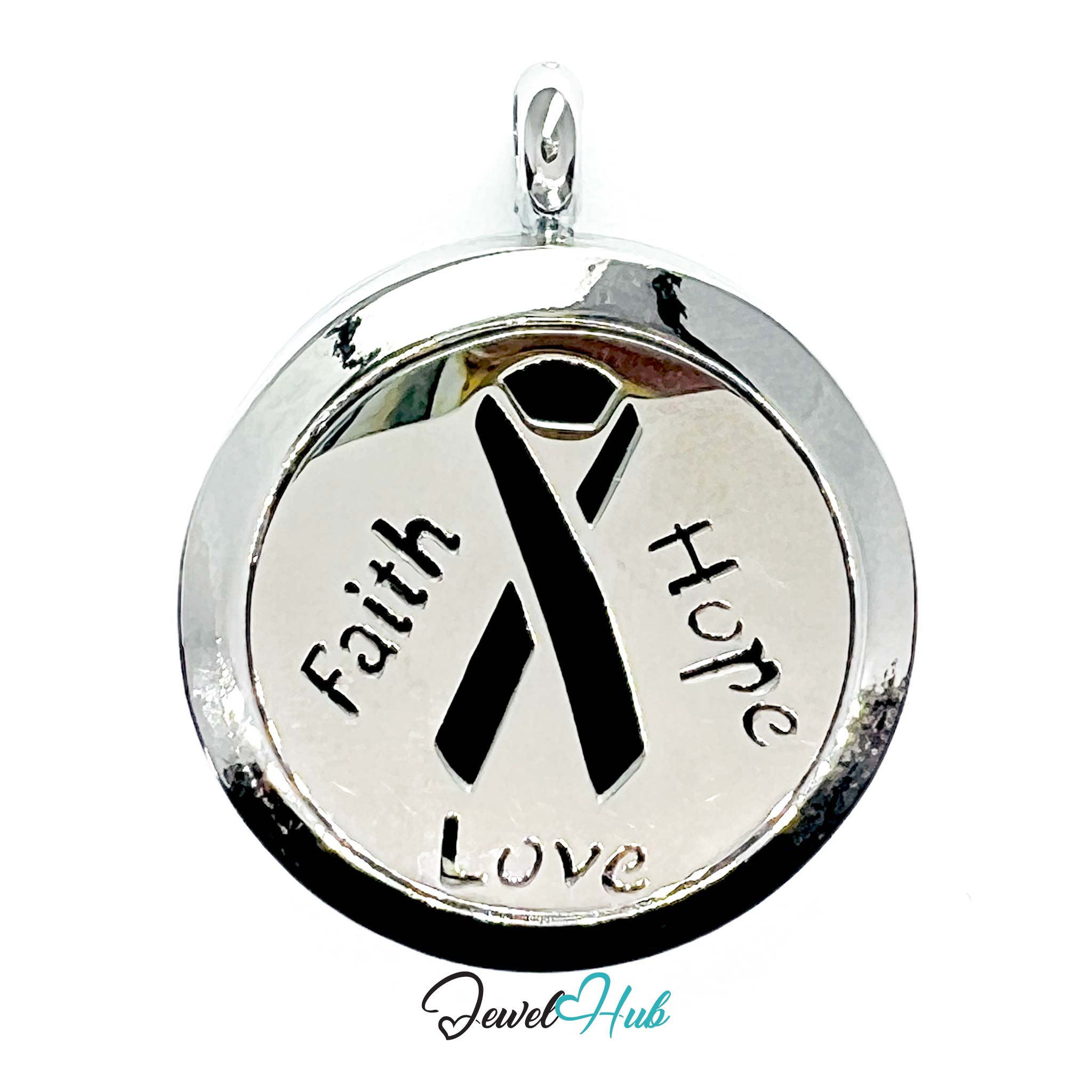 Silver pendant with black ribbon and engraved text 'Faith Hope Love' on a white background.