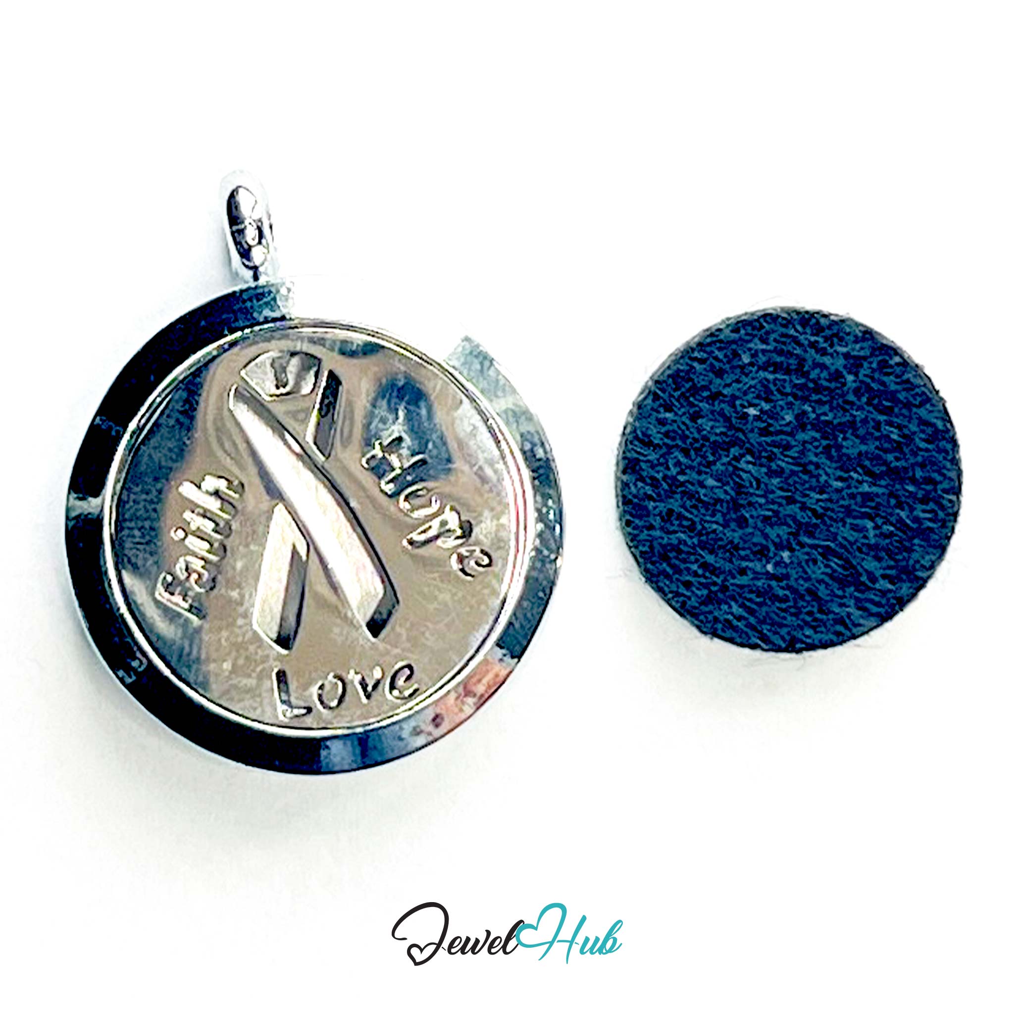 Silver pendant with engraved text on a white background, featuring the brand 'Jewel Hub'.