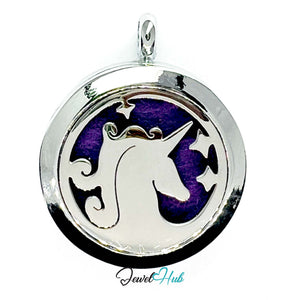 Round pendant with unicorn design on a white background, branded 'Jewel Hub'.
