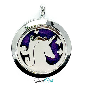 Round pendant with unicorn design on a white background, branded 'Jewel Hub'.