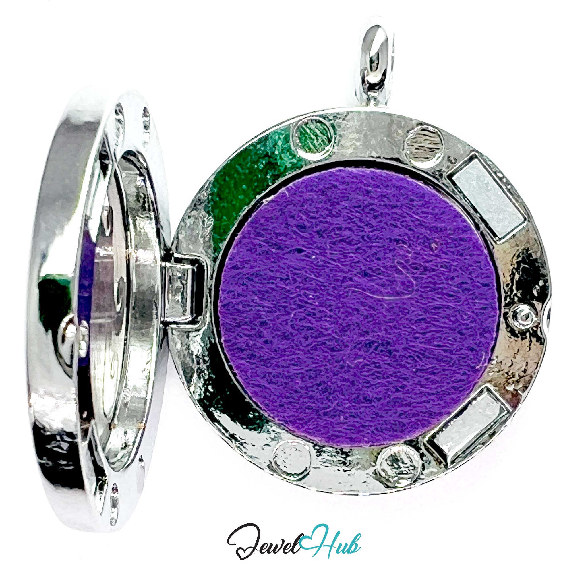 Round silver pendant with purple and green interior, brand 'Jewel Hub' visible