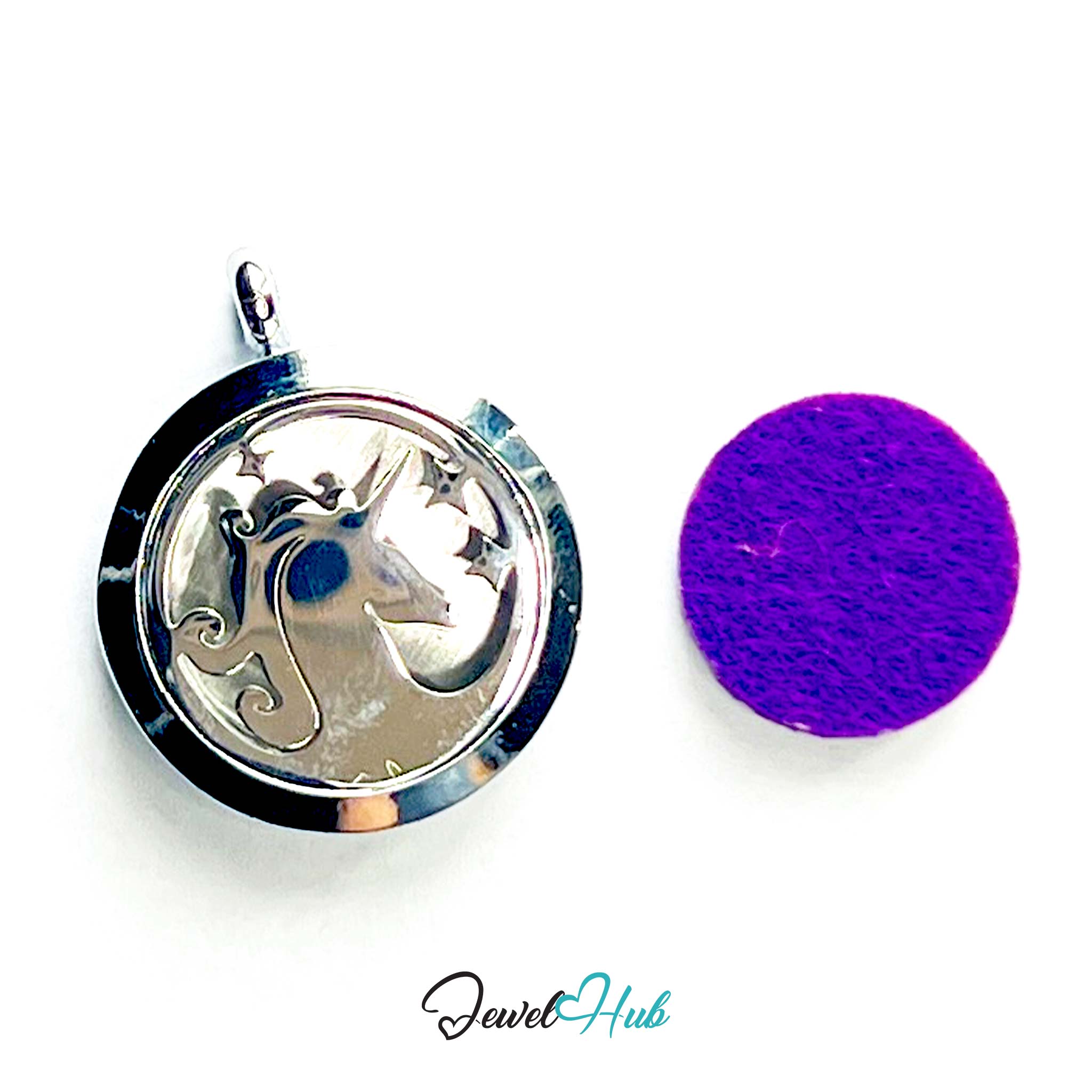 Silver pendant with unicorn design and purple diffuser pad on a white background, branded 'Jewel Hub'.